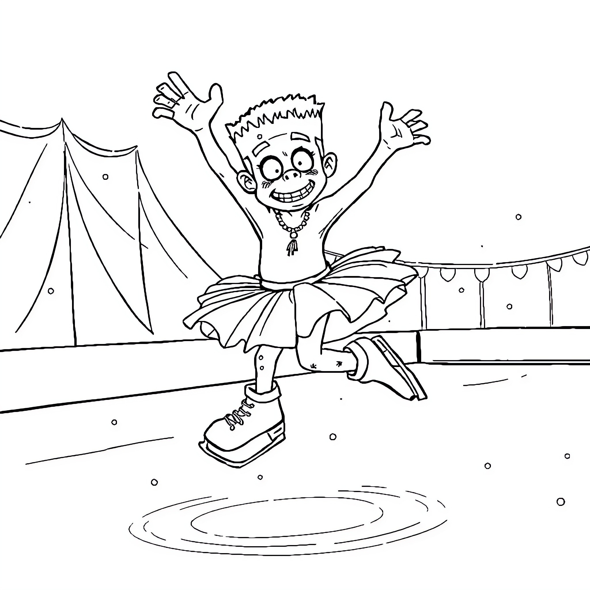 Frankenstein-inspired character joyfully jumping on a stage Coloring Page (free black-and-white line drawing printable PDF for all, from beginners to advanced learners, including children, teens, adults, and seniors)