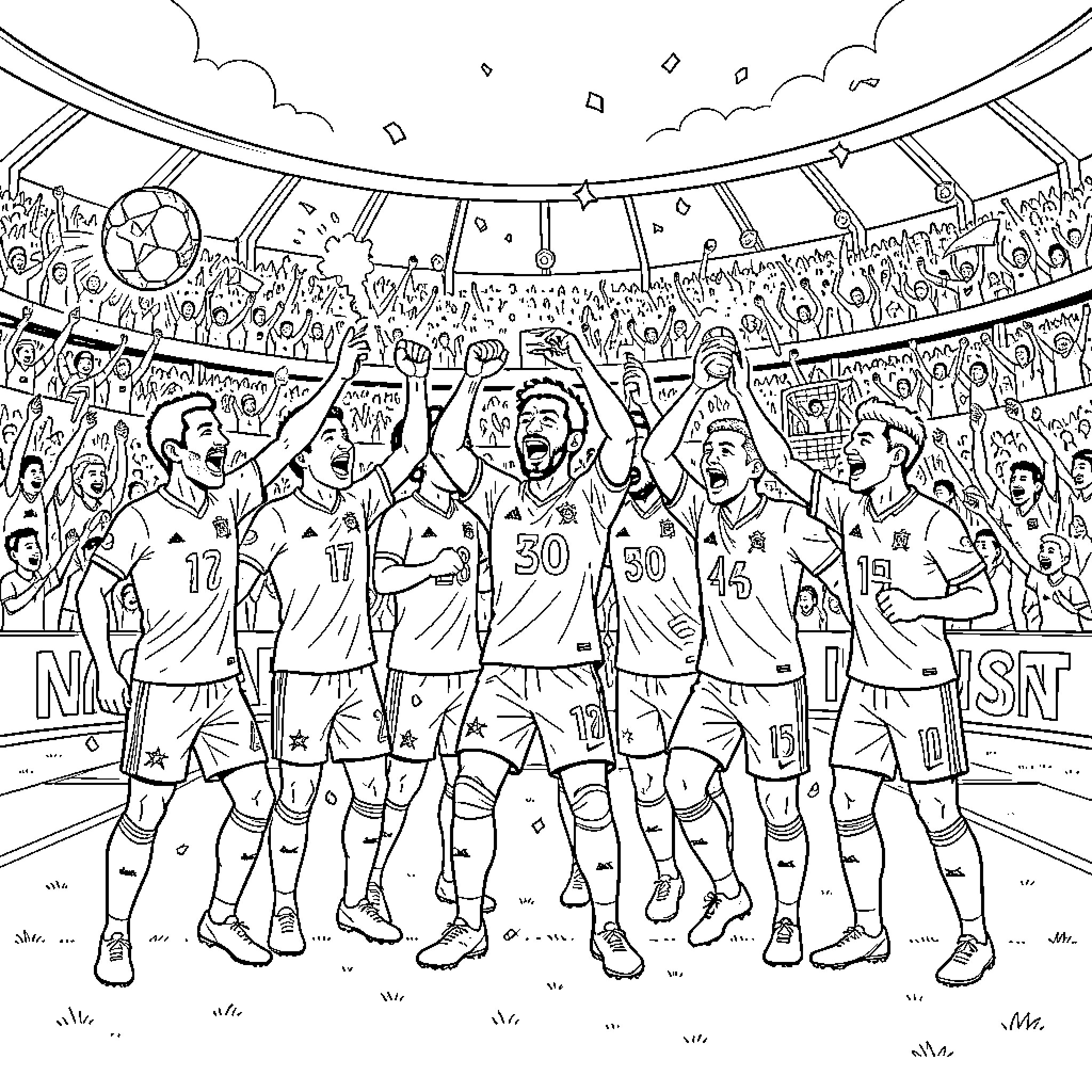 Morocco soccer players celebrating a victory in a stadium Coloring Page (free black-and-white line drawing printable PDF for all, from beginners to advanced learners, including children, teens, adults, and seniors)