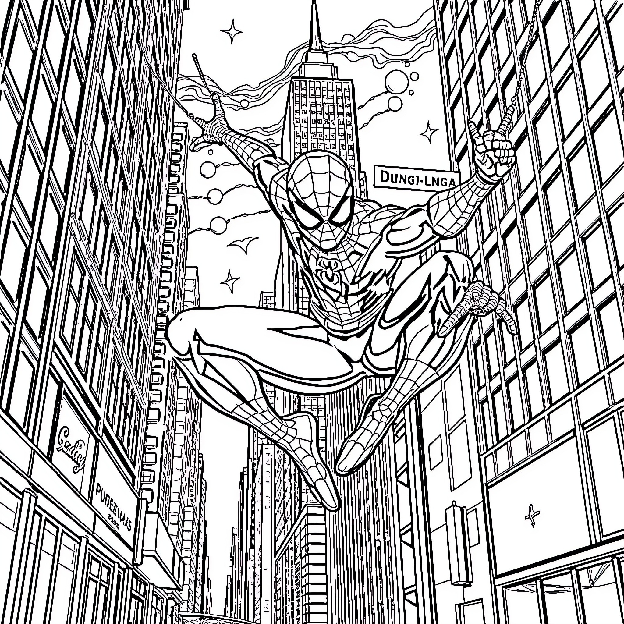 Spiderman swinging through the city skyline Coloring Page (free black-and-white line drawing printable PDF for all, from beginners to advanced learners, including children, teens, adults, and seniors)