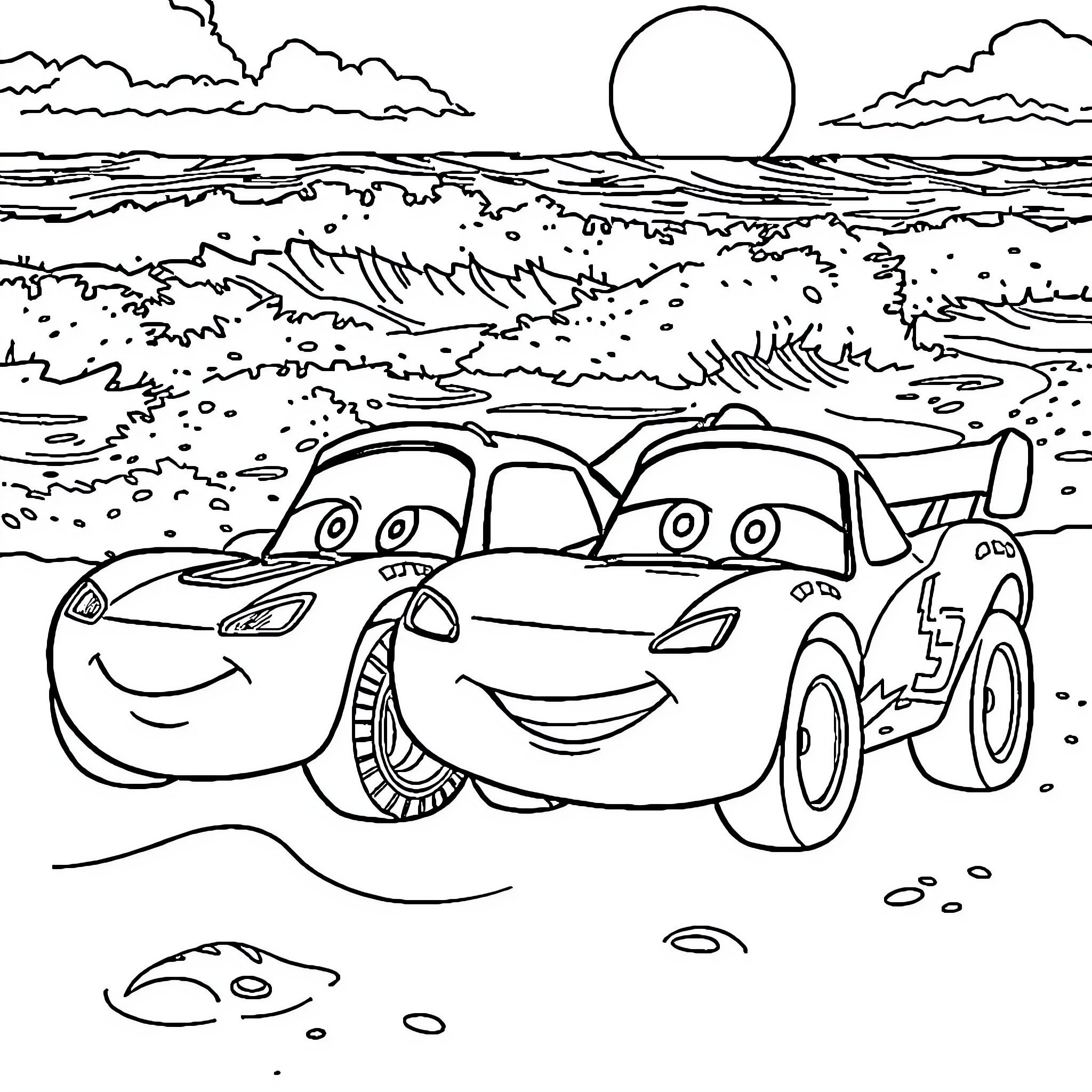 Lightning McQueen and friend enjoy beach adventure Coloring Page (free black-and-white line drawing printable PDF for all, from beginners to advanced learners, including children, teens, adults, and seniors)