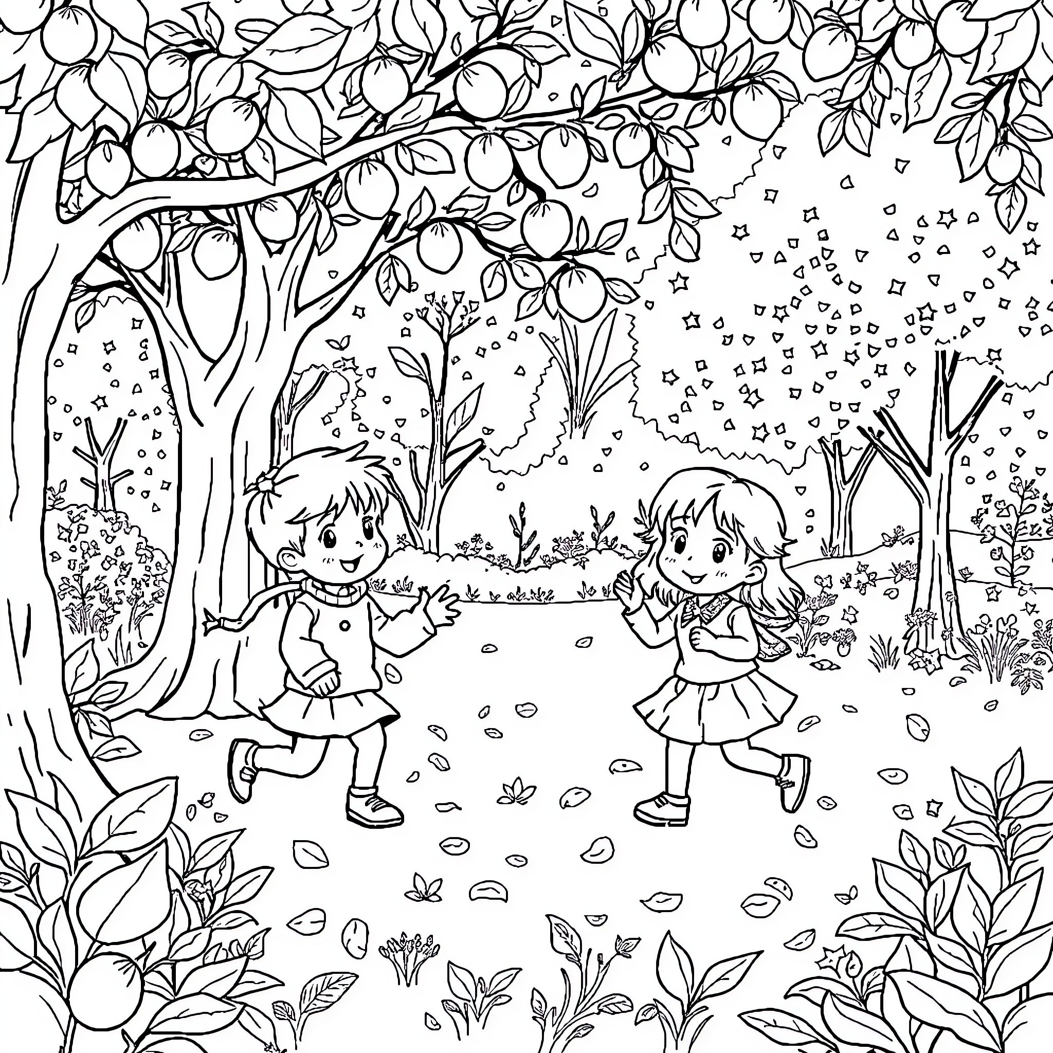 Niños jugando felizmente en el jardín Coloring Page (free black-and-white line drawing printable PDF for all, from beginners to advanced learners, including children, teens, adults, and seniors)