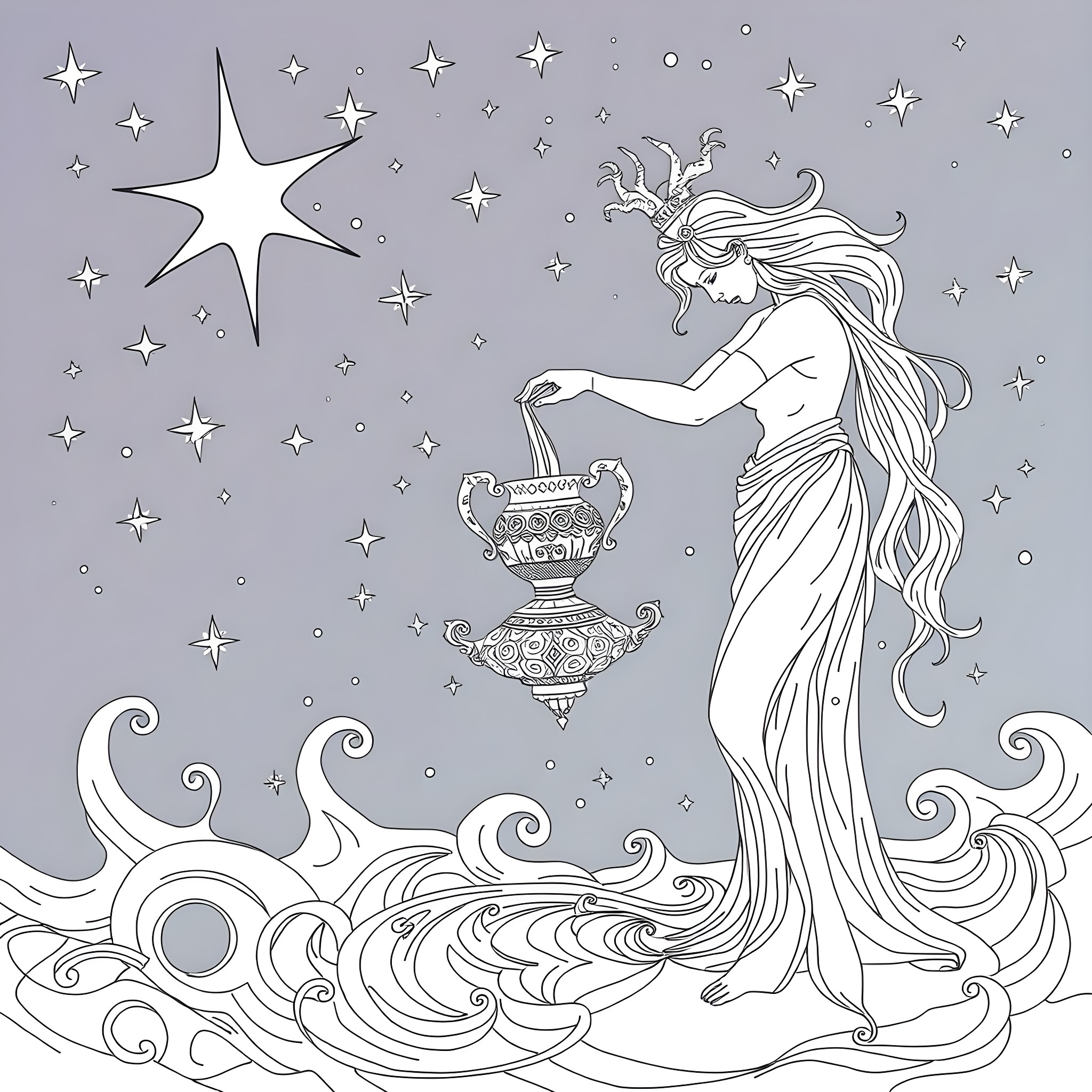 Aquarius - Celestial figure pouring stars from vessel Coloring Page (free black-and-white line drawing printable PDF for all, from beginners to advanced learners, including children, teens, adults, and seniors)