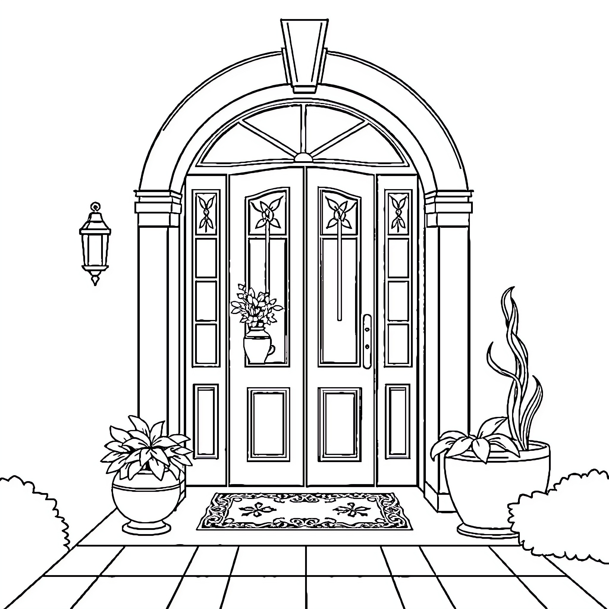 Furniture featuring decorated entryway with plants Coloring Page (free black-and-white line drawing printable PDF for all, from beginners to advanced learners, including children, teens, adults, and seniors)