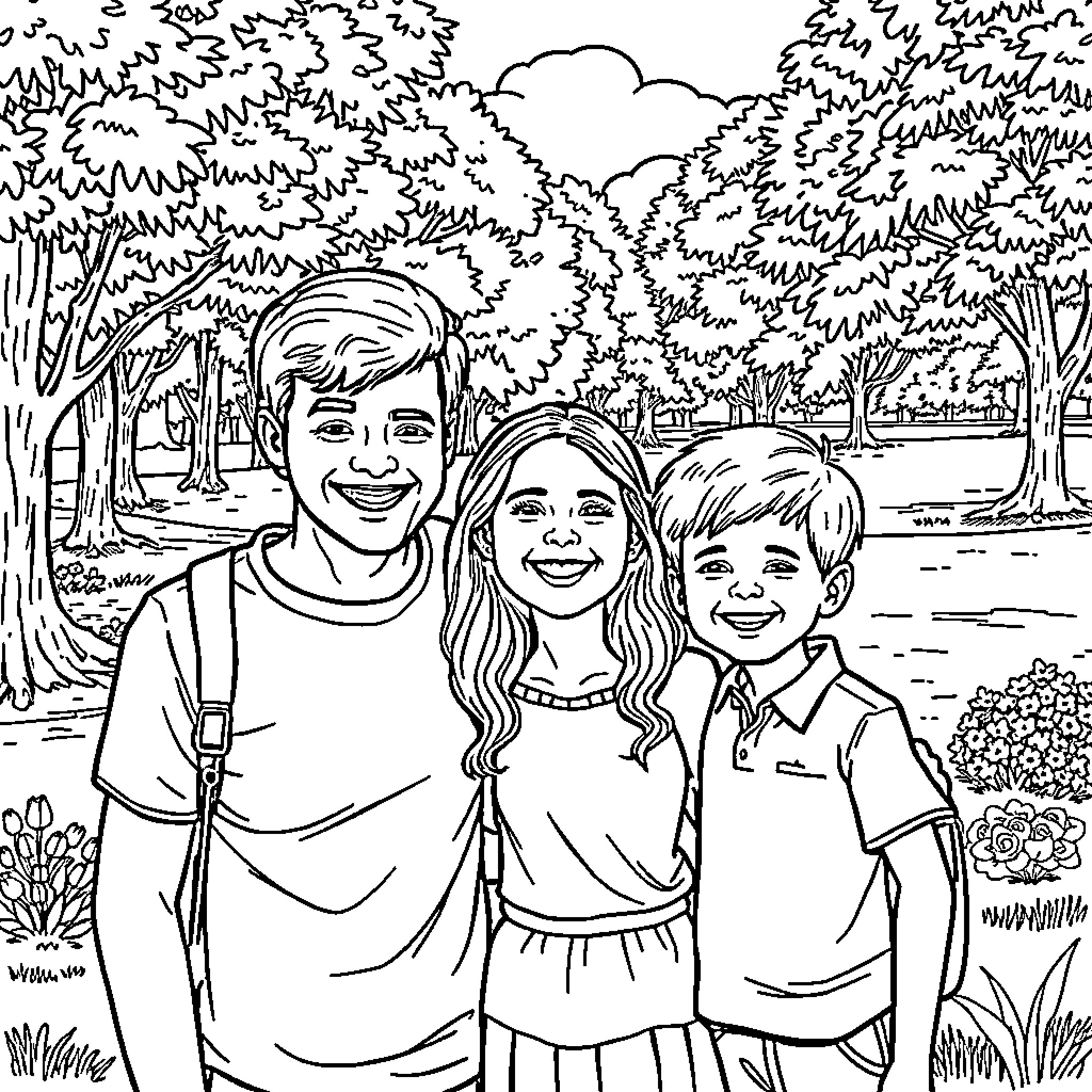 Family Enjoying a Scenic Outdoor Adventure Coloring Page (free black-and-white line drawing printable PDF for all, from beginners to advanced learners, including children, teens, adults, and seniors)