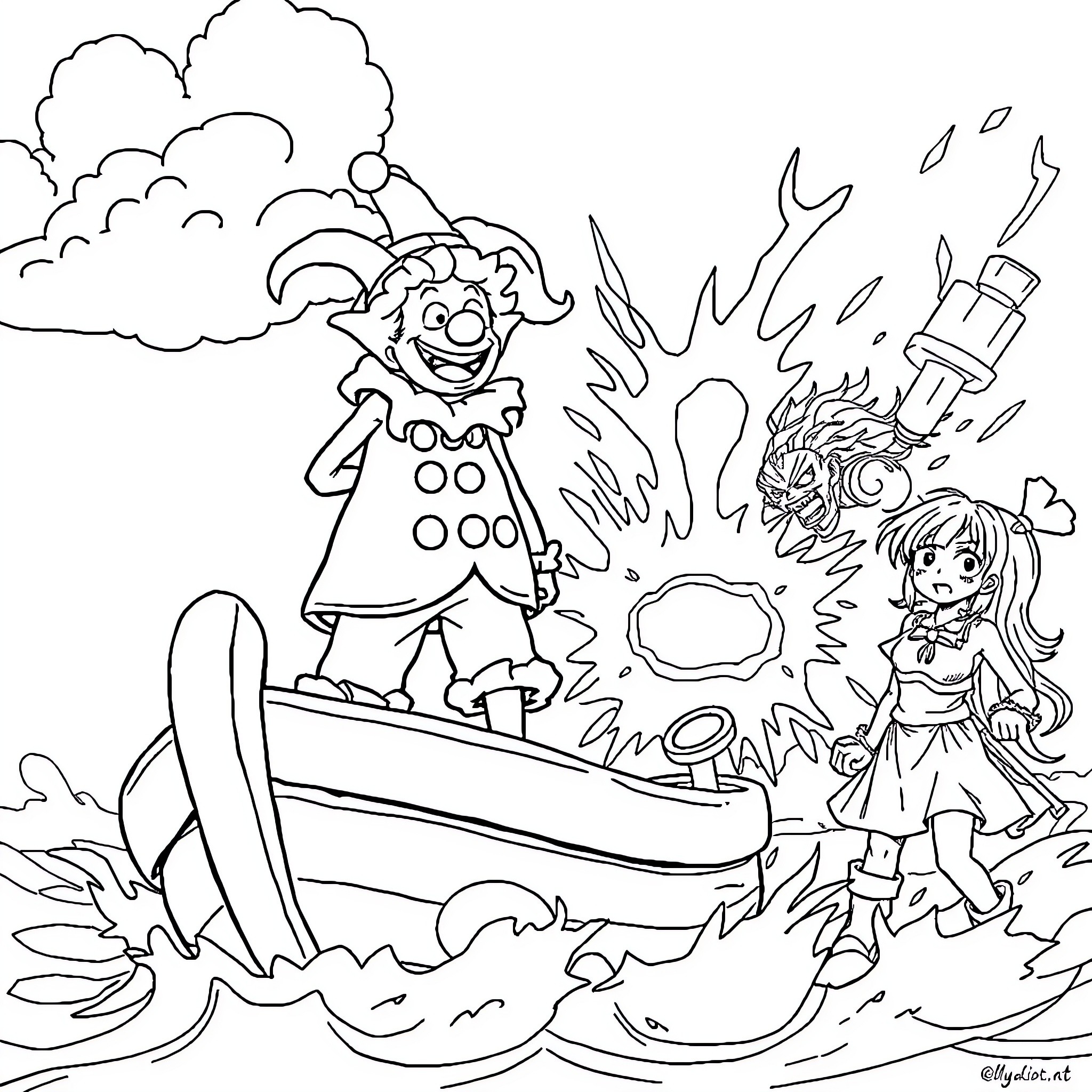 One Piece Pirate Adventure with Clown and Hero Coloring Page (free black-and-white line drawing printable PDF for all, from beginners to advanced learners, including children, teens, adults, and seniors)