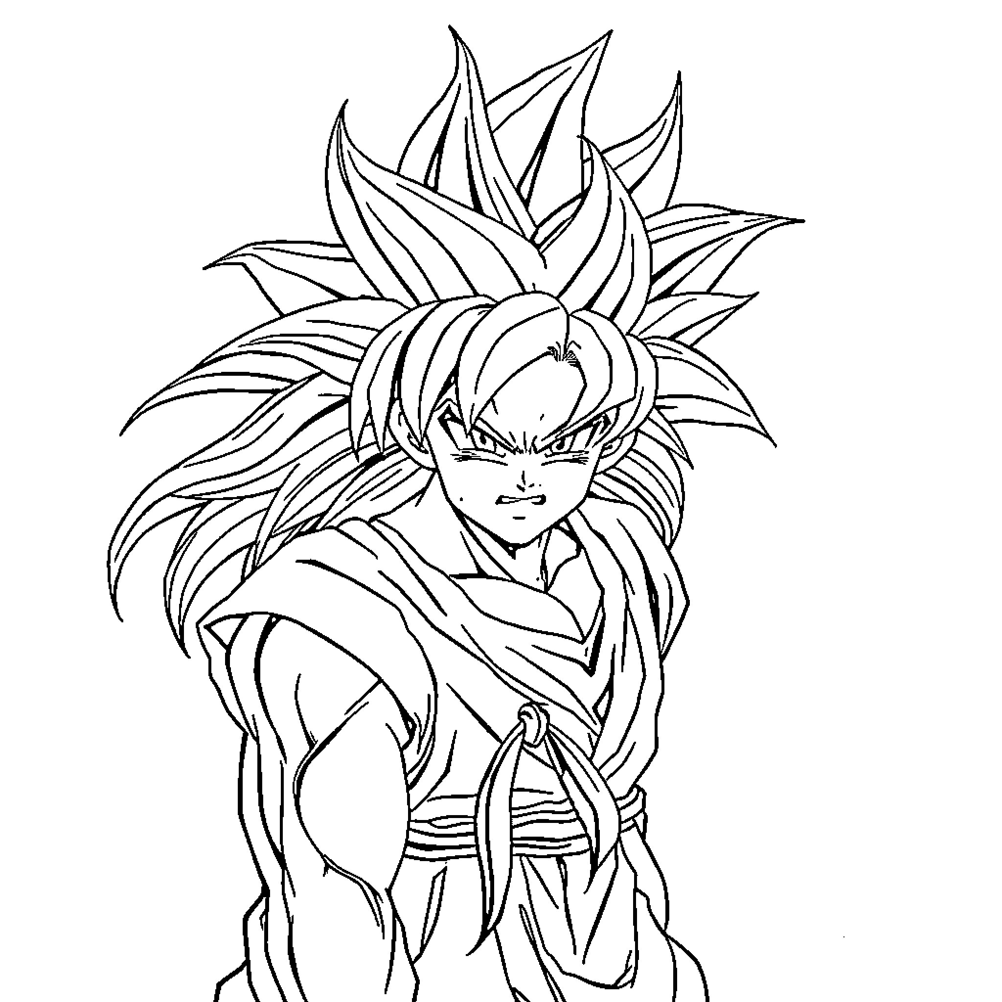 Son Goku in fierce fighting stance Coloring Page (free black-and-white line drawing printable PDF for all, from beginners to advanced learners, including children, teens, adults, and seniors)