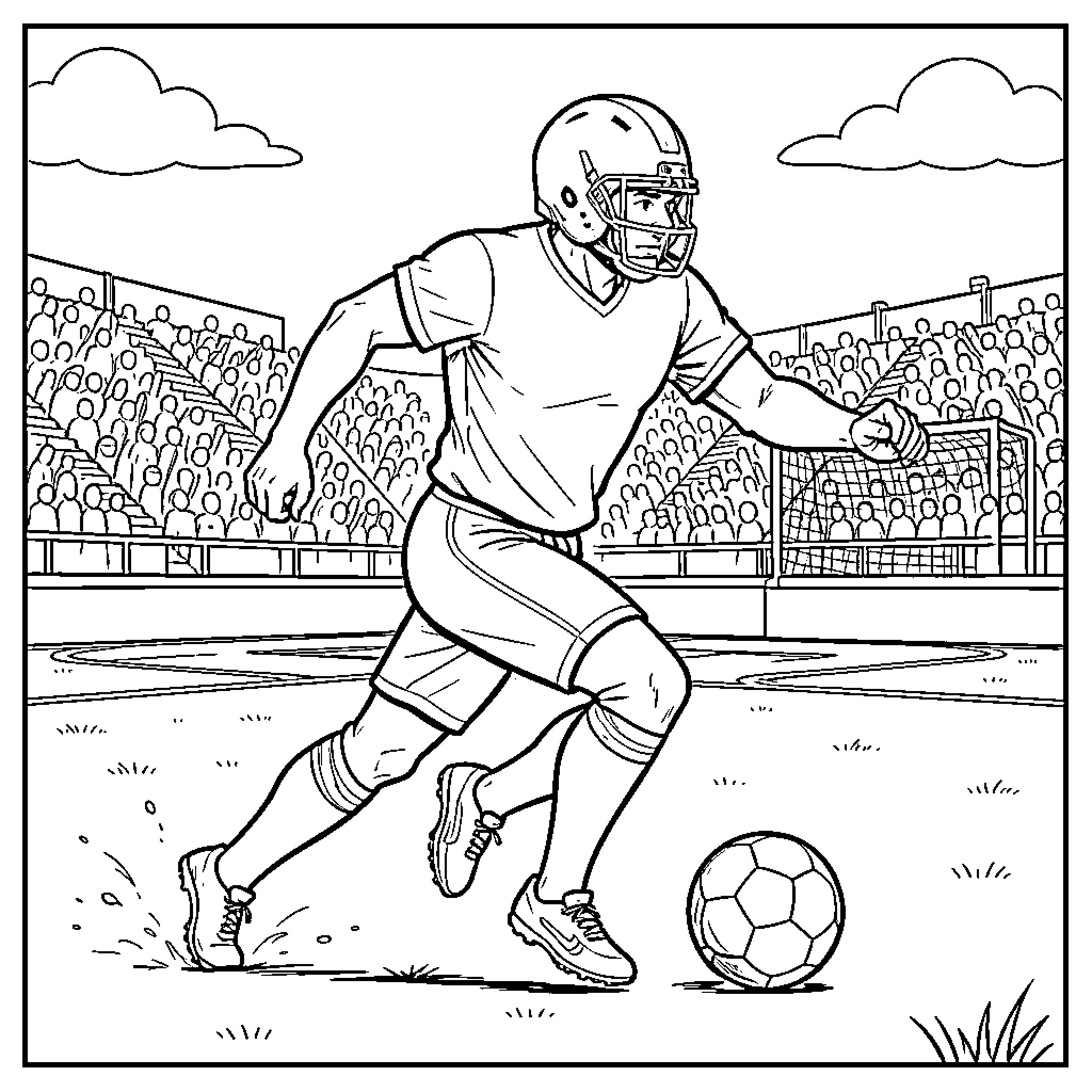 Speederman dribbling a soccer ball during a stadium match Coloring Page (free black-and-white line drawing printable PDF for all, from beginners to advanced learners, including children, teens, adults, and seniors)