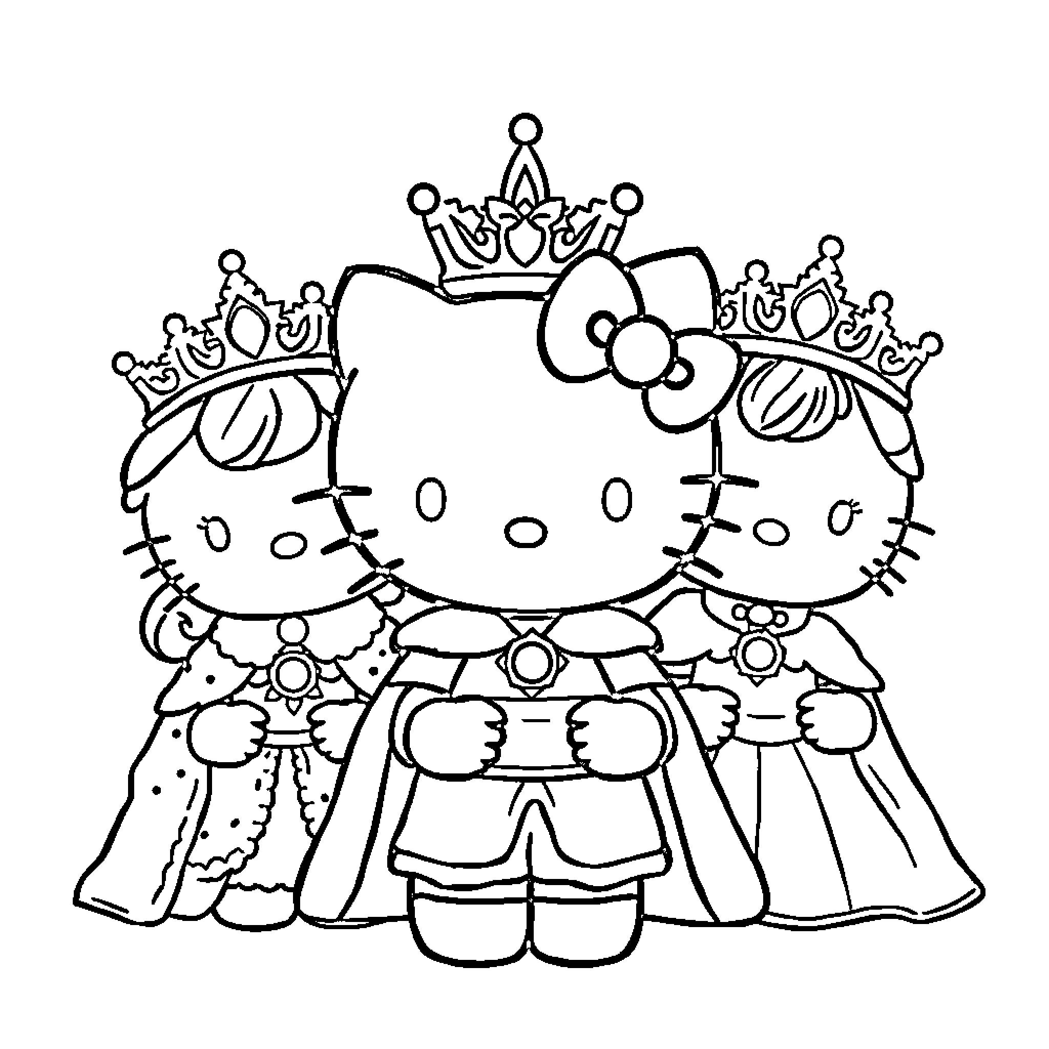 Hello Kitty Princesses in Fancy Outfits Coloring Page (free black-and-white line drawing printable PDF for all, from beginners to advanced learners, including children, teens, adults, and seniors)