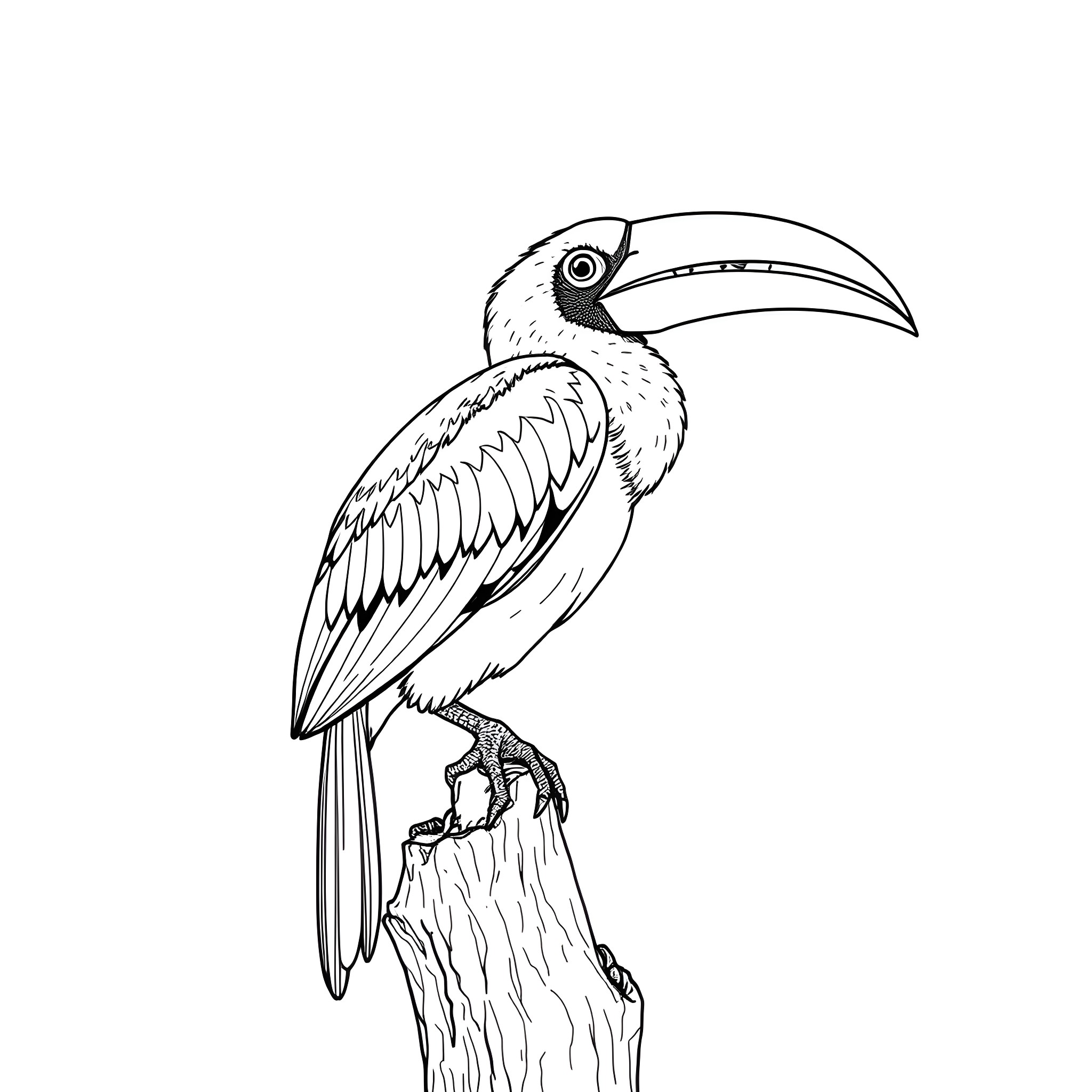 Hornbill perched on a branch Coloring Page (free black-and-white line drawing printable PDF for all, from beginners to advanced learners, including children, teens, adults, and seniors)