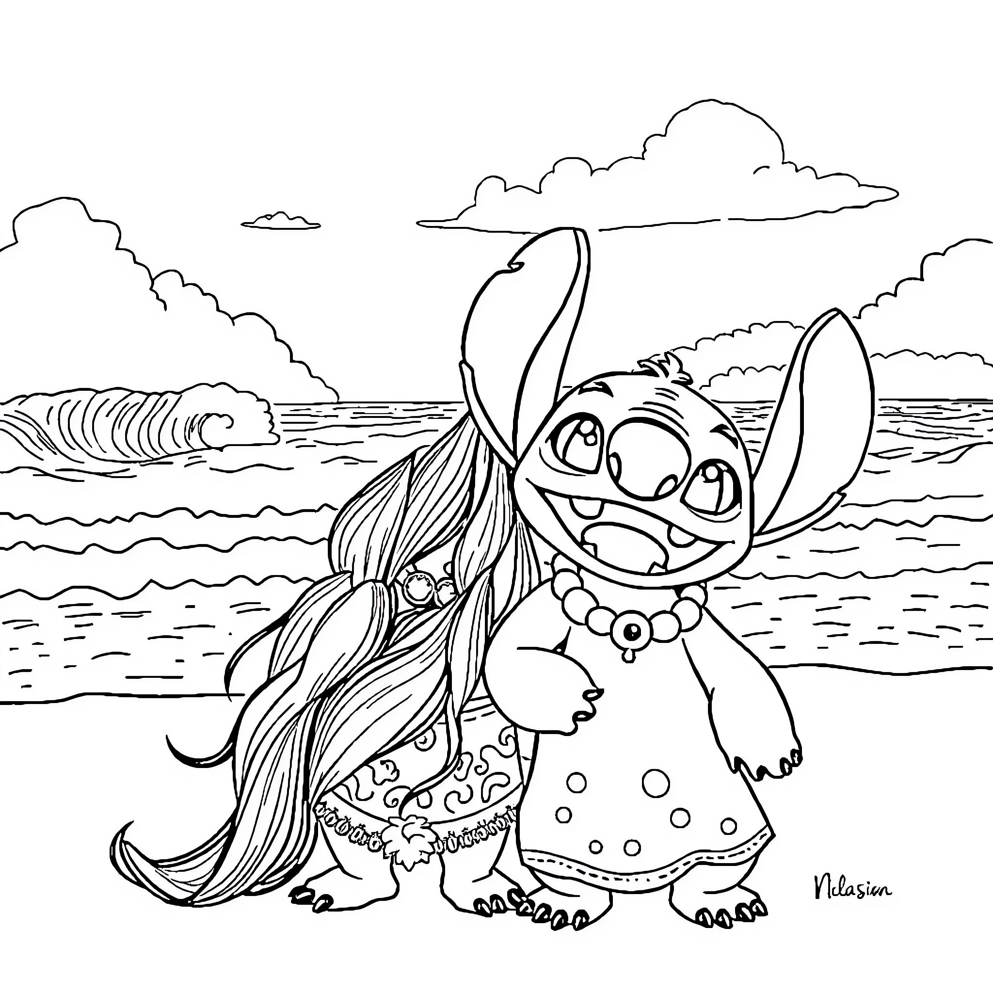 Moana enjoying a sunny day at the beach Coloring Page (free black-and-white line drawing printable PDF for all, from beginners to advanced learners, including children, teens, adults, and seniors)