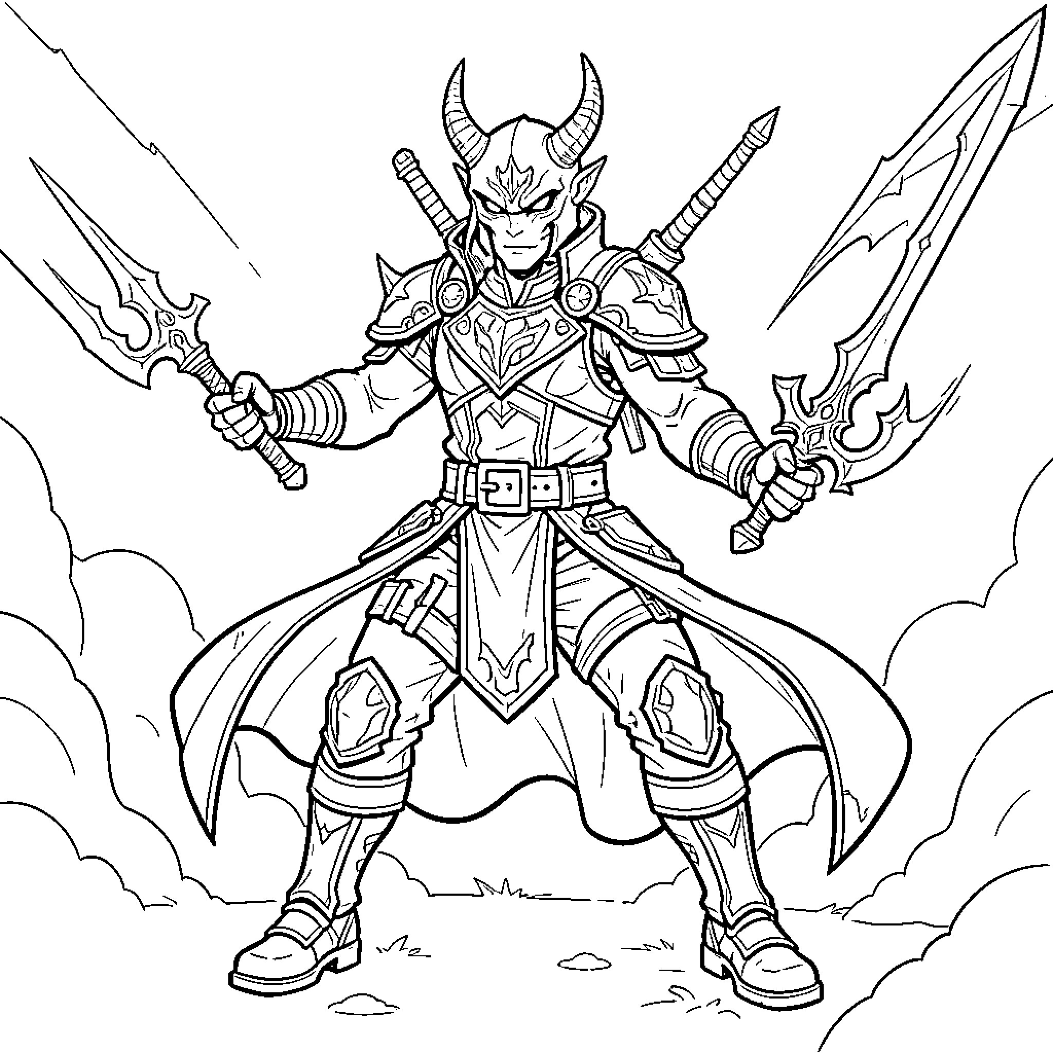 Huntrix warrior posing heroically with dual weapons Coloring Page (free black-and-white line drawing printable PDF for all, from beginners to advanced learners, including children, teens, adults, and seniors)
