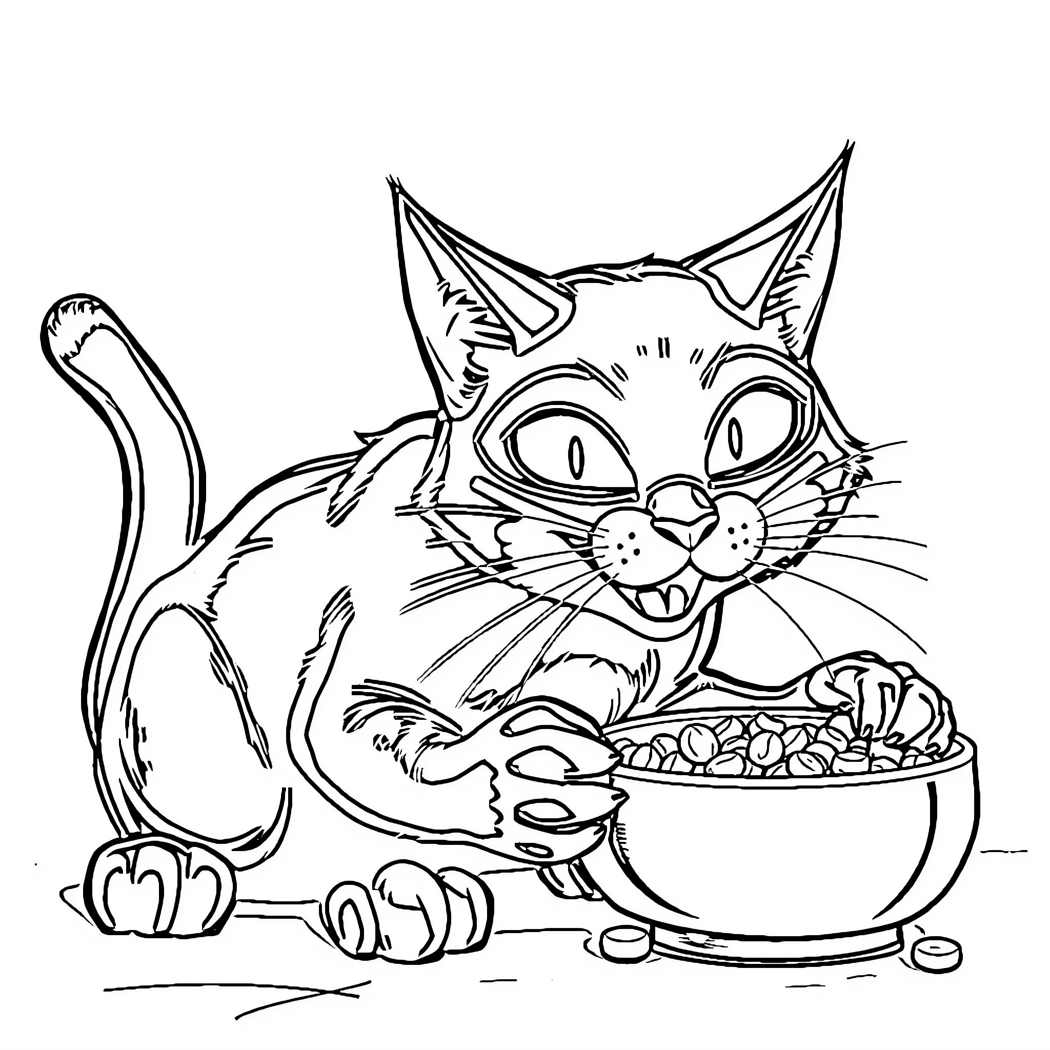 Catwoman eats her delicious meal Coloring Page (free black-and-white line drawing printable PDF for all, from beginners to advanced learners, including children, teens, adults, and seniors)