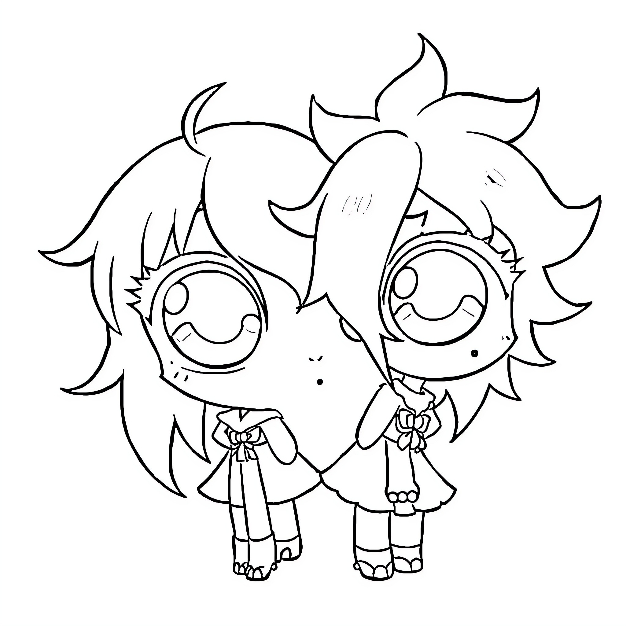 Anime characters in playful embrace Coloring Page (free black-and-white line drawing printable PDF for all, from beginners to advanced learners, including children, teens, adults, and seniors)