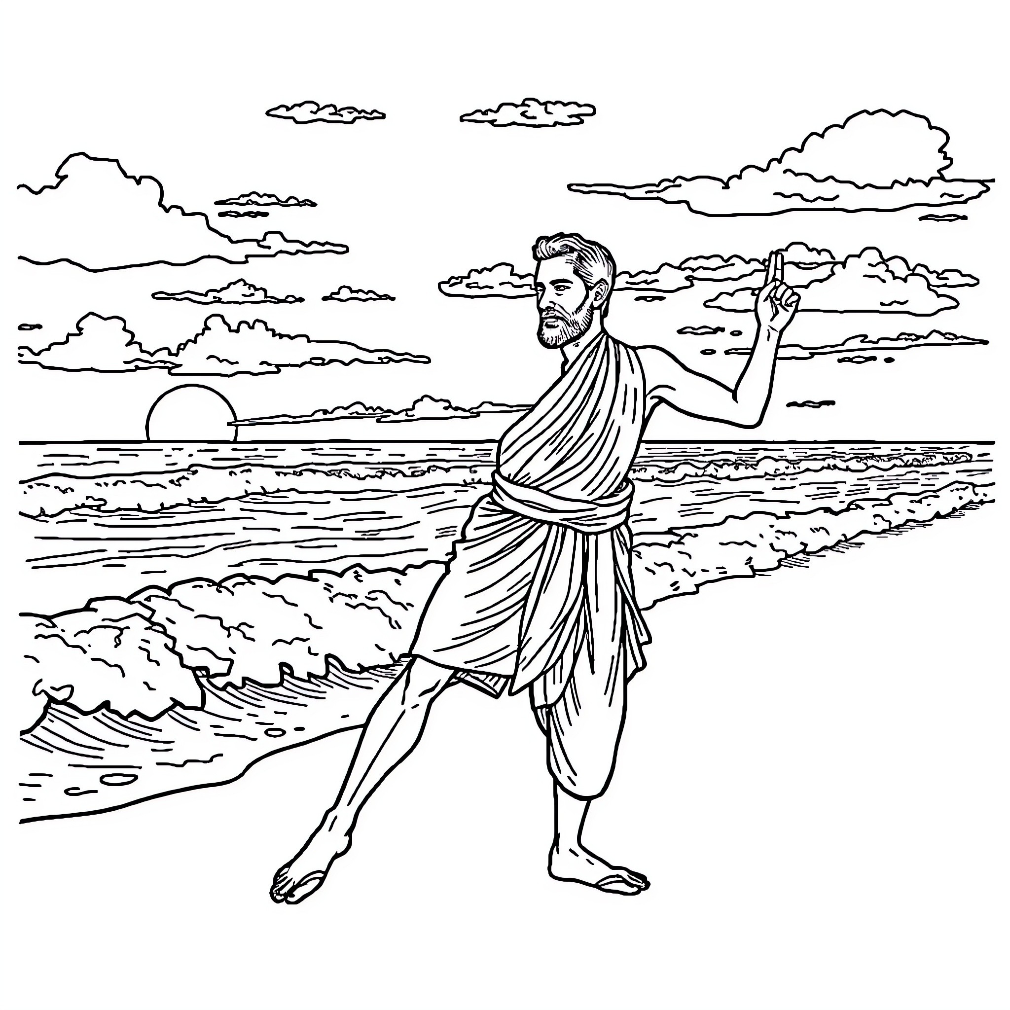Yoga Master Performs Beachside Meditation at Sunset Coloring Page (free black-and-white line drawing printable PDF for all, from beginners to advanced learners, including children, teens, adults, and seniors)