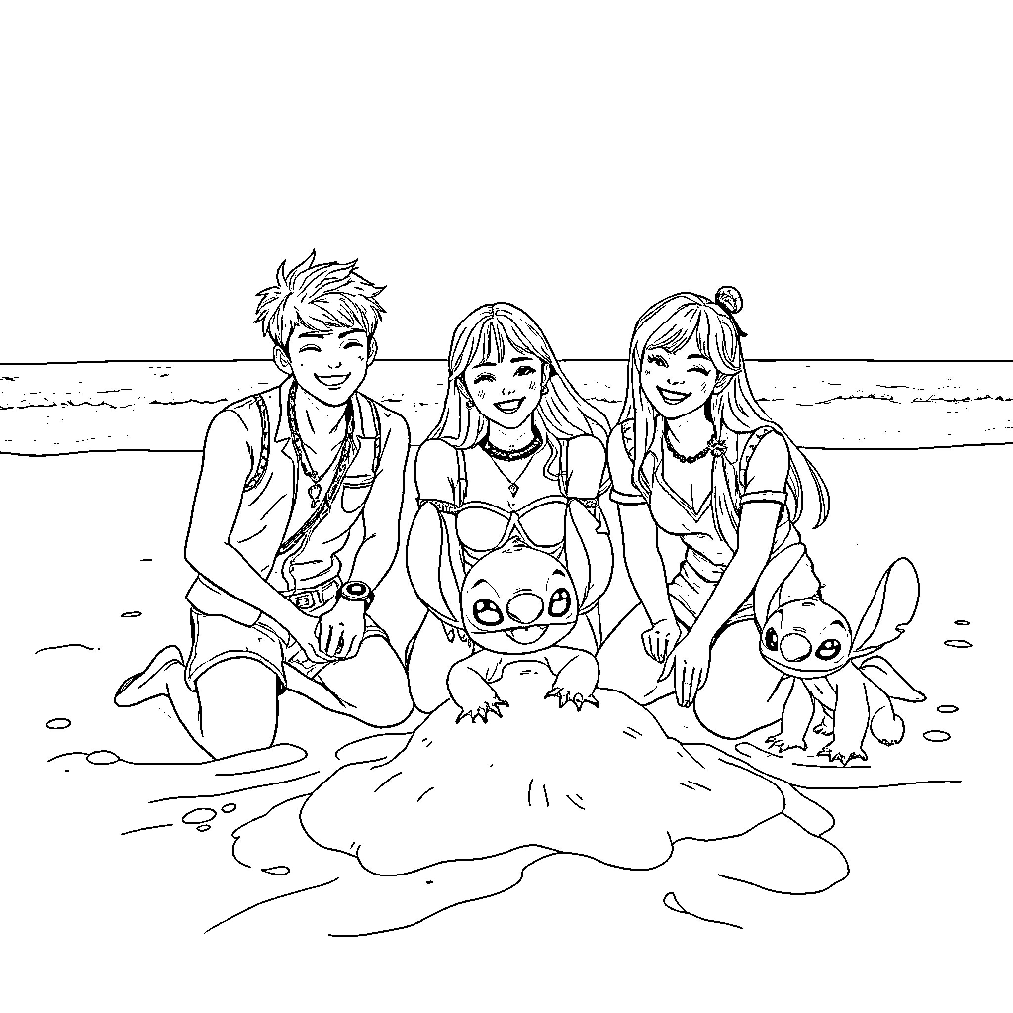 K Pop Warrior Friends Relaxing at the Beach Coloring Page (free black-and-white line drawing printable PDF for all, from beginners to advanced learners, including children, teens, adults, and seniors)