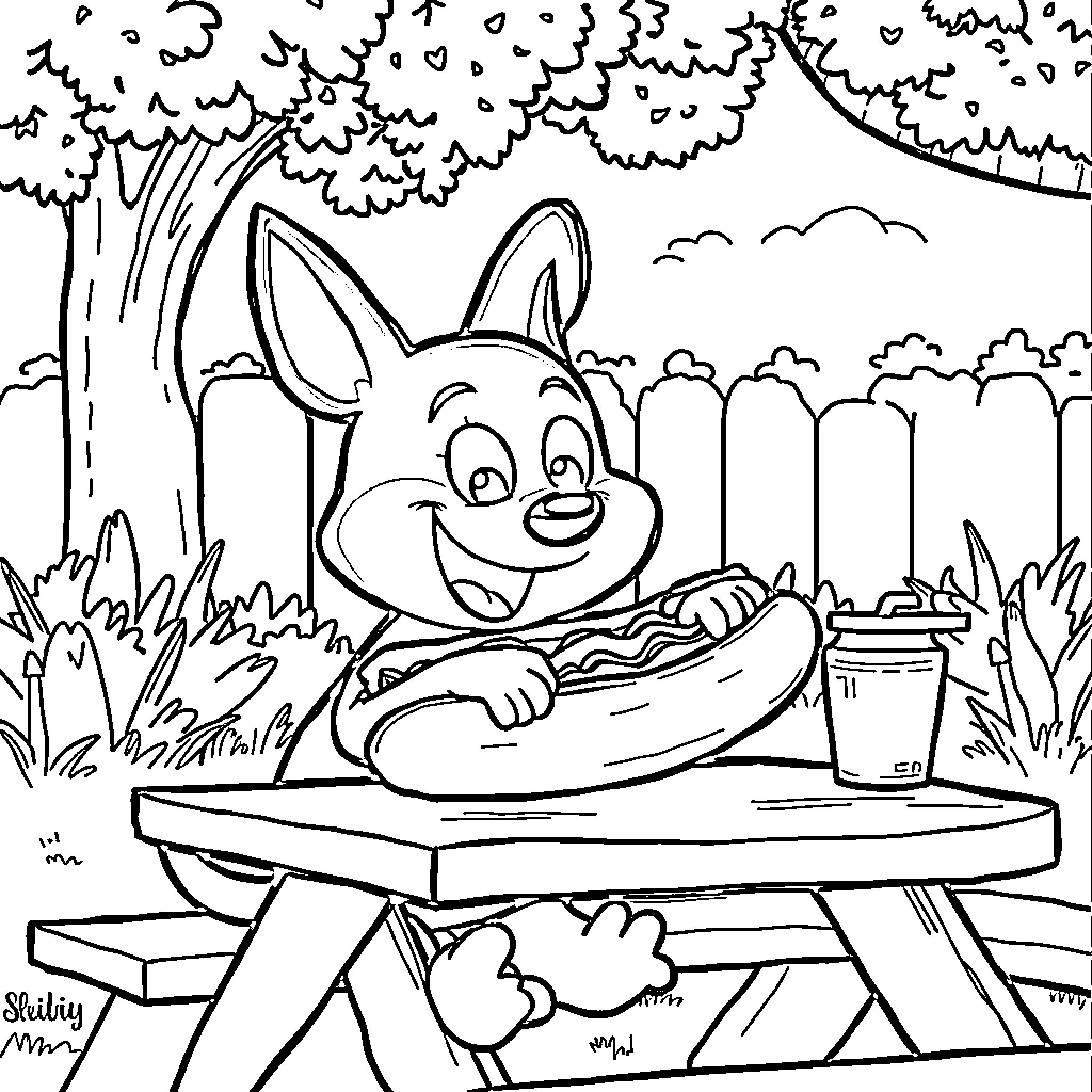 Bluey Enjoying a Picnic Outdoors Coloring Page (free black-and-white line drawing printable PDF for all, from beginners to advanced learners, including children, teens, adults, and seniors)