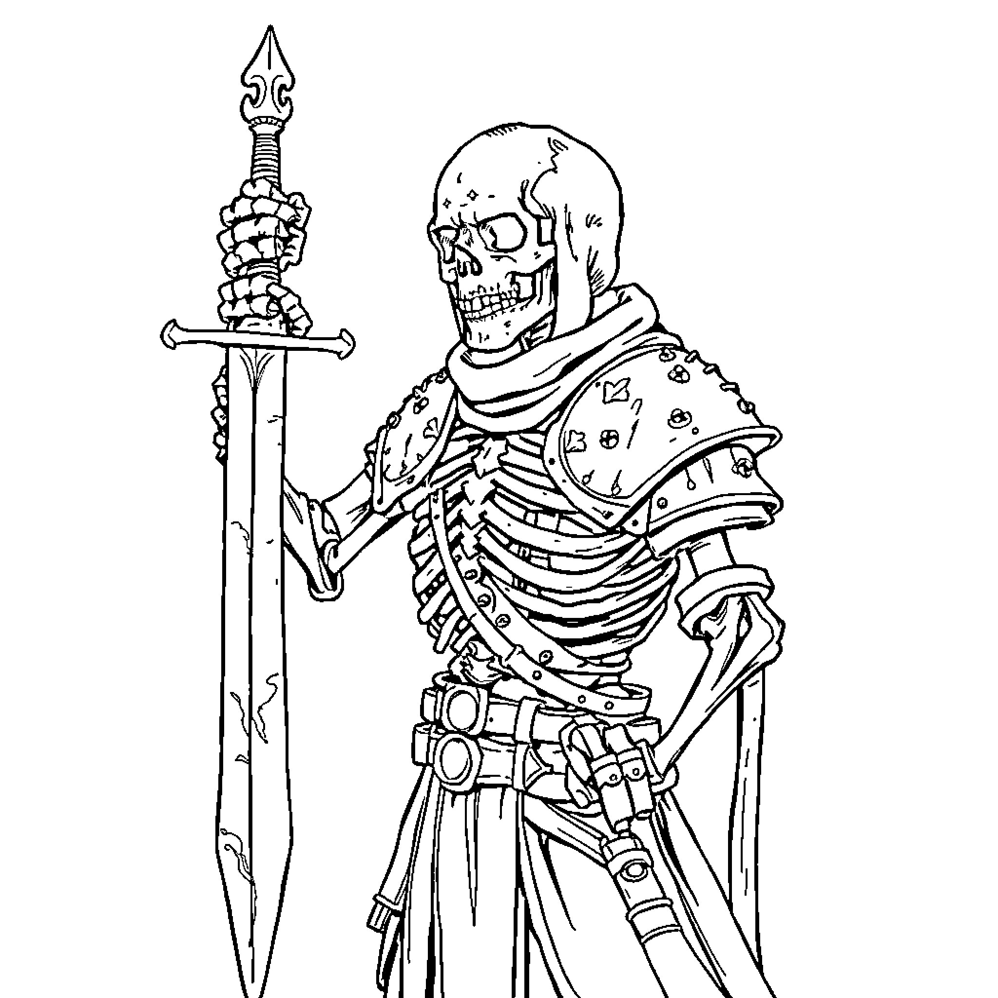 Skeleton warrior wielding a sword with decorated armor Coloring Page (free black-and-white line drawing printable PDF for all, from beginners to advanced learners, including children, teens, adults, and seniors)