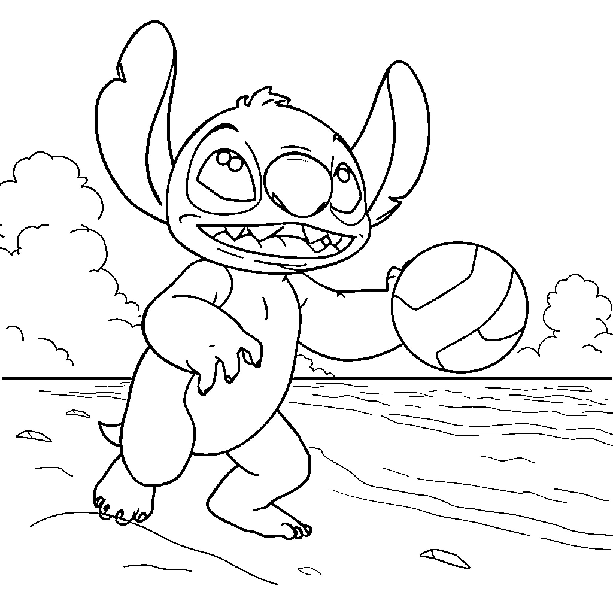 Stitch playing joyfully with ball on the beach Coloring Page (free black-and-white line drawing printable PDF for all, from beginners to advanced learners, including children, teens, adults, and seniors)