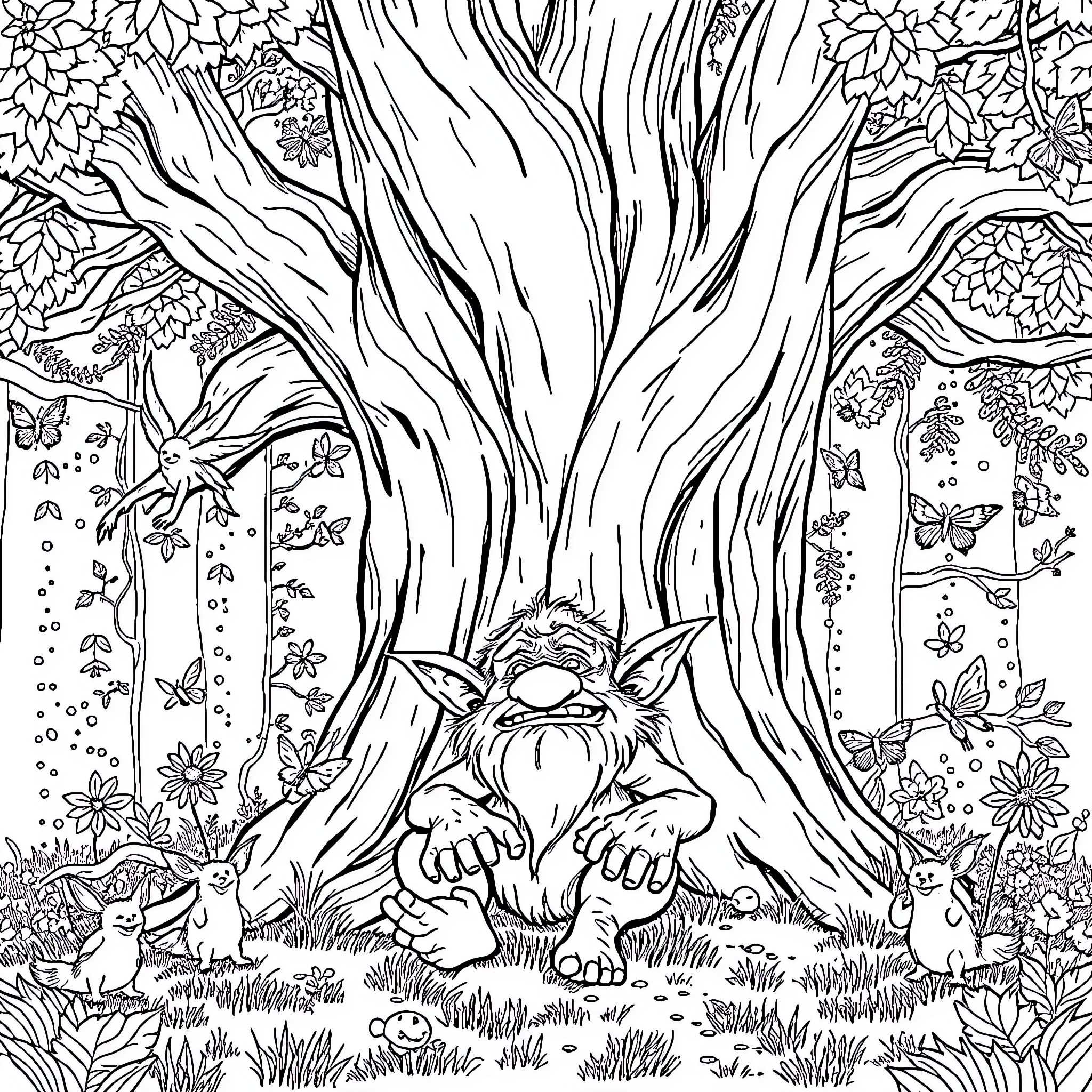 Troll hiding in the enchanted forest Coloring Page (free black-and-white line drawing printable PDF for all, from beginners to advanced learners, including children, teens, adults, and seniors)