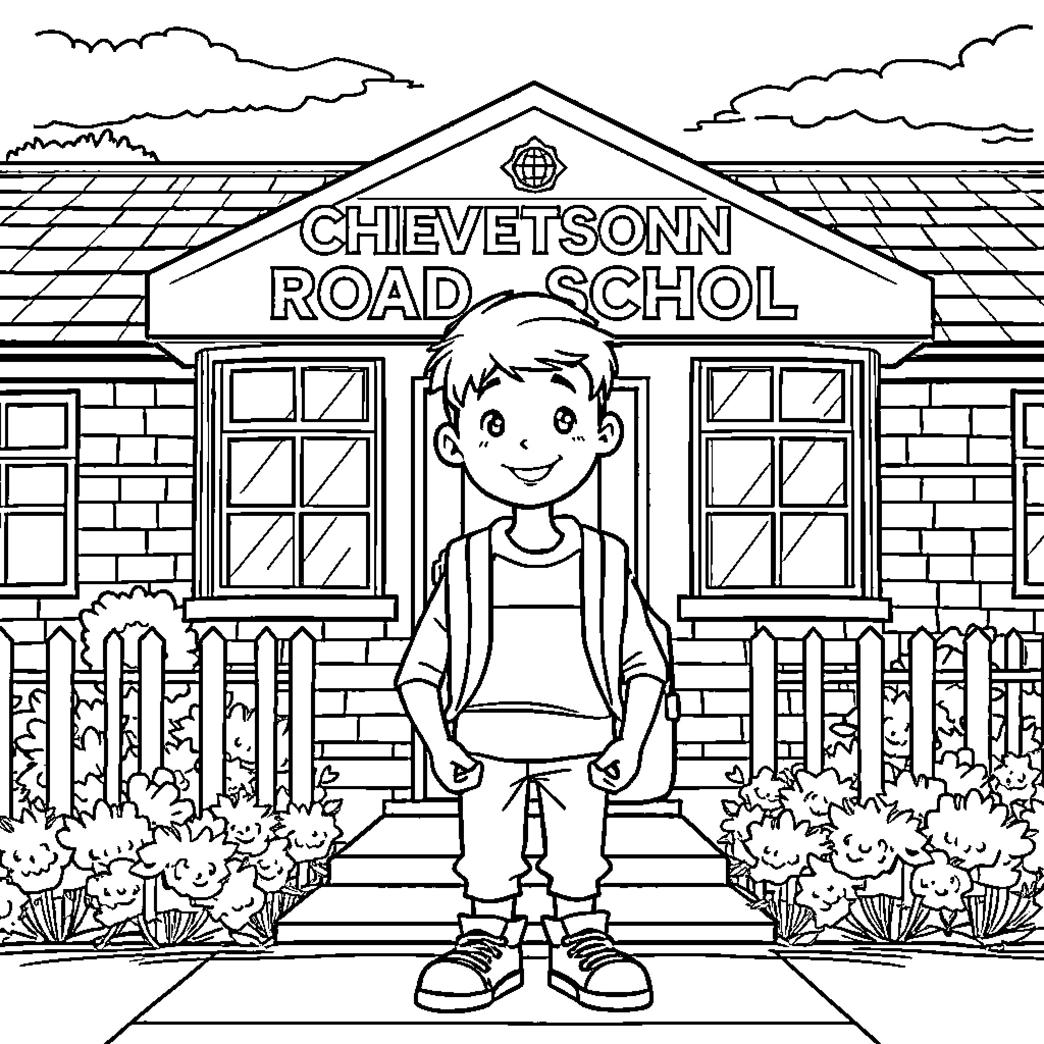 Boy standing in front of school building Coloring Page (free black-and-white line drawing printable PDF for all, from beginners to advanced learners, including children, teens, adults, and seniors)