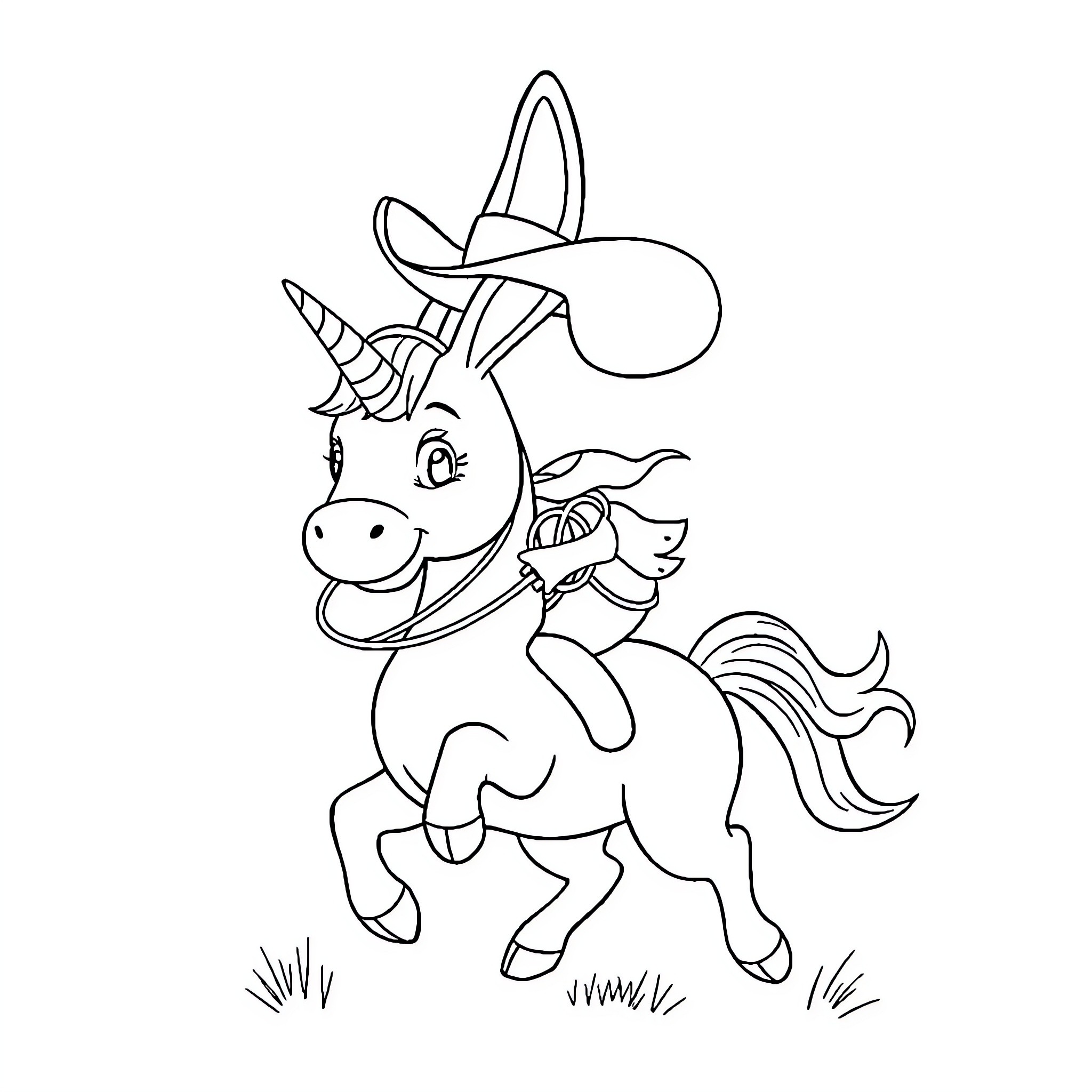 Bunny Unicorn Prancing in the Meadow Coloring Page (free black-and-white line drawing printable PDF for all, from beginners to advanced learners, including children, teens, adults, and seniors)