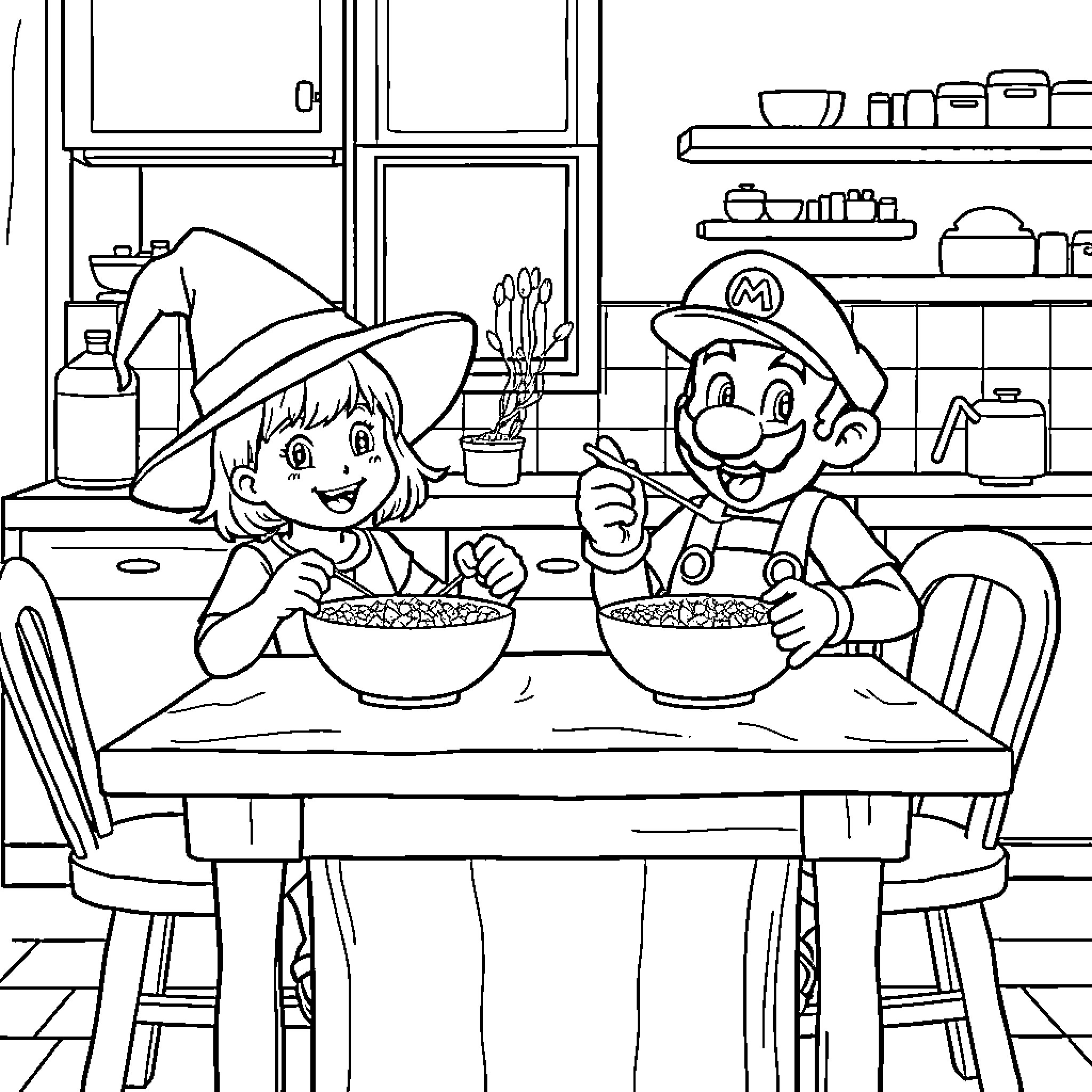 Kid friends enjoying a meal together in the kitchen Coloring Page (free black-and-white line drawing printable PDF for all, from beginners to advanced learners, including children, teens, adults, and seniors)