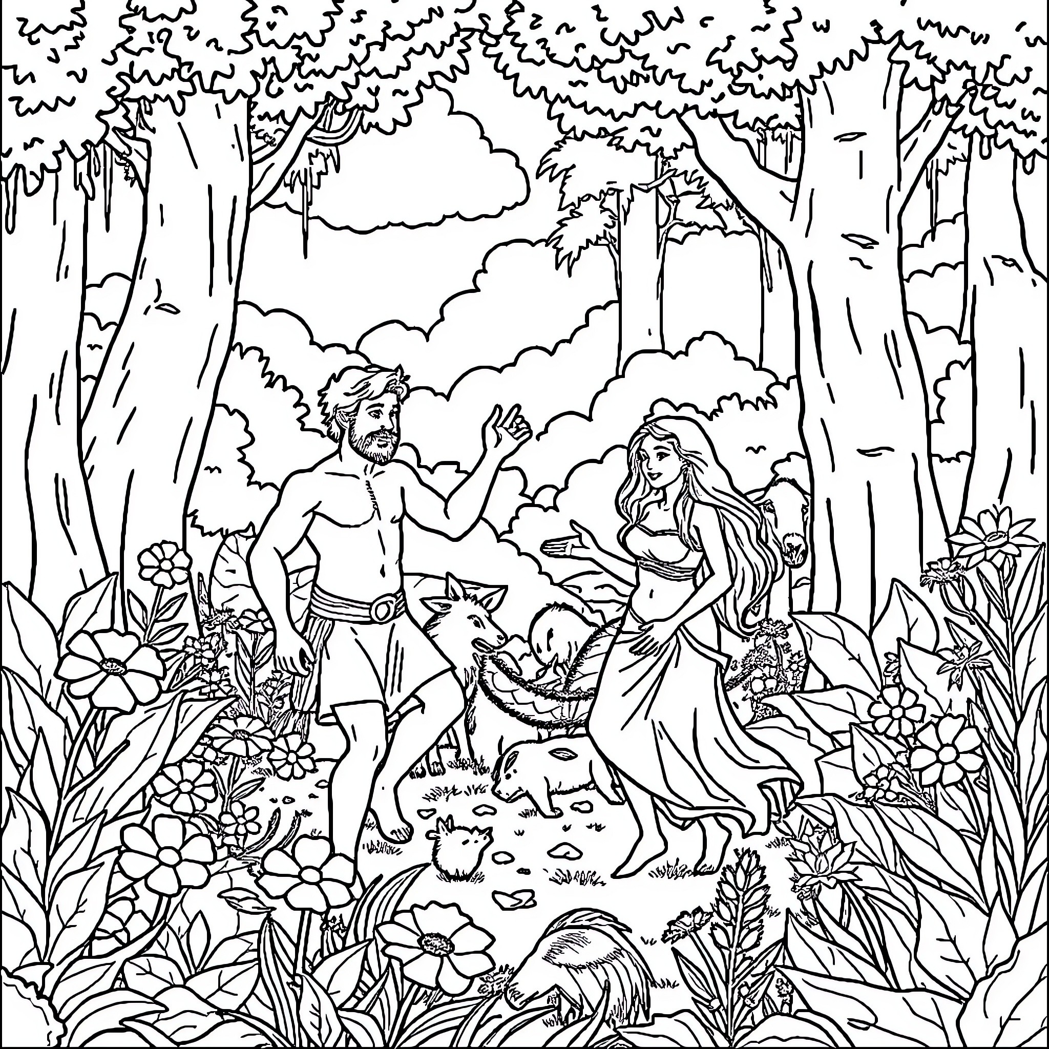 Adam and Eve in the Garden of Eden Coloring Page (free black-and-white line drawing printable PDF for all, from beginners to advanced learners, including children, teens, adults, and seniors)