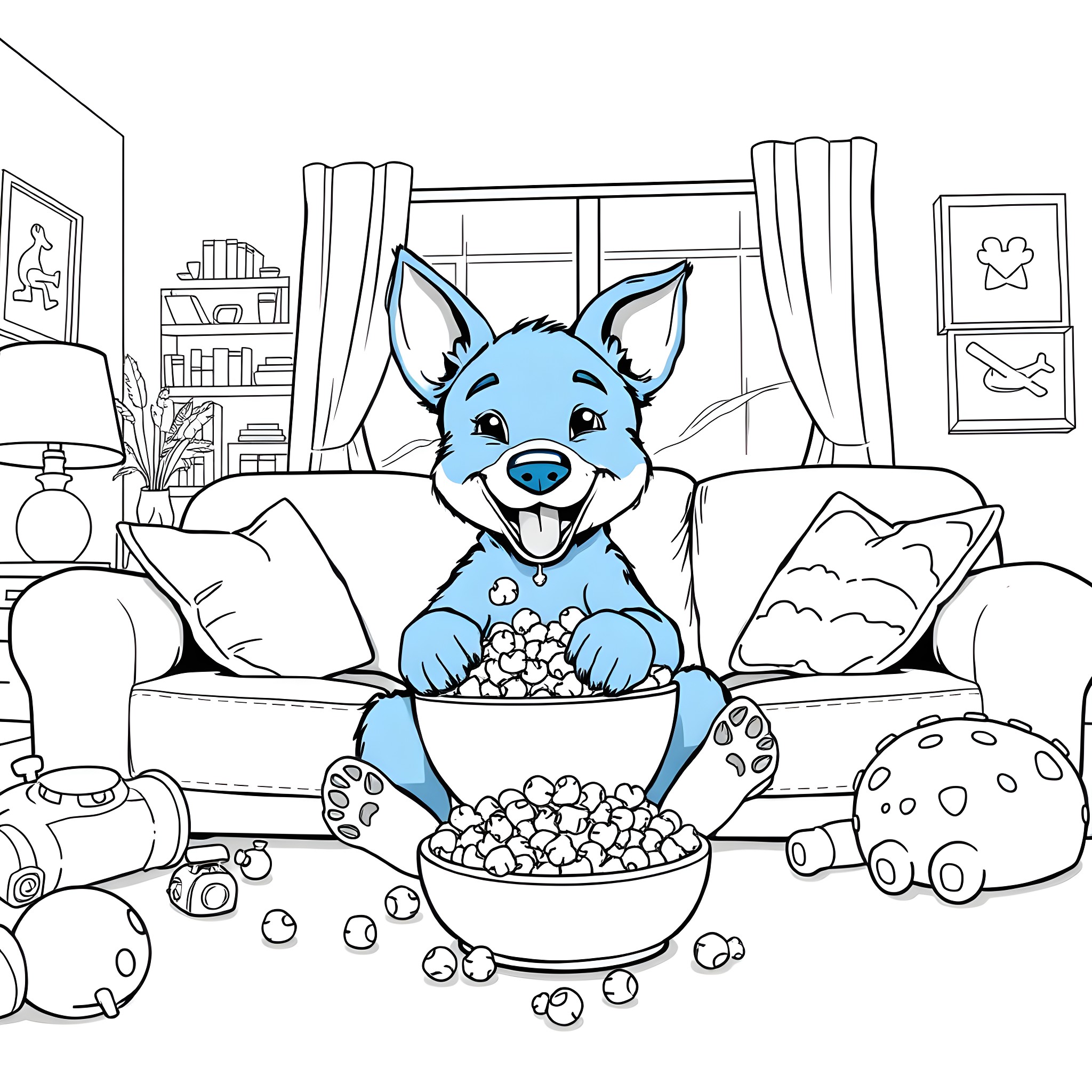 Bluey enjoying a snack on the couch Coloring Page (free black-and-white line drawing printable PDF for all, from beginners to advanced learners, including children, teens, adults, and seniors)