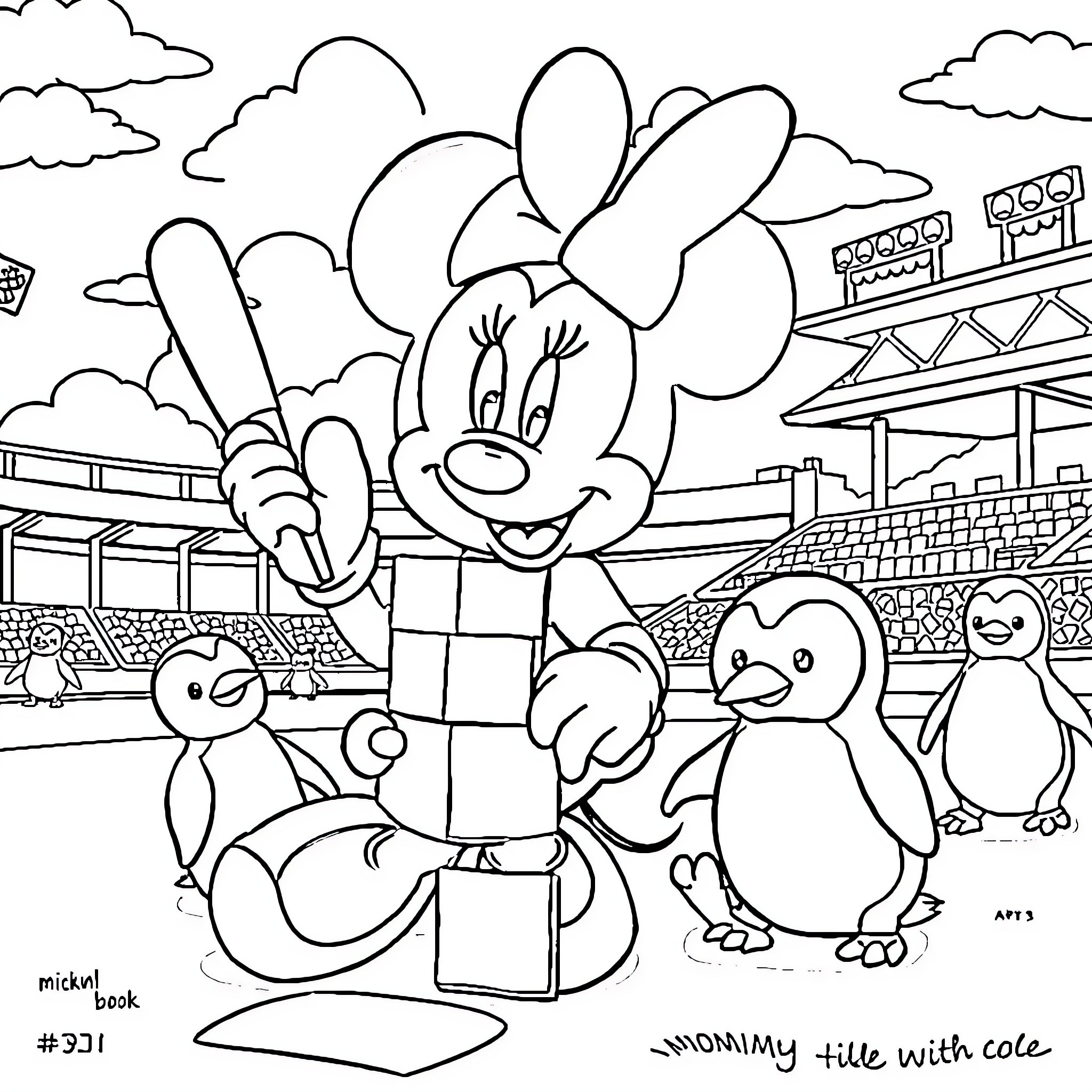 Minnie Mouse Enjoys a Day at the Park with Friends Coloring Page (free black-and-white line drawing printable PDF for all, from beginners to advanced learners, including children, teens, adults, and seniors)