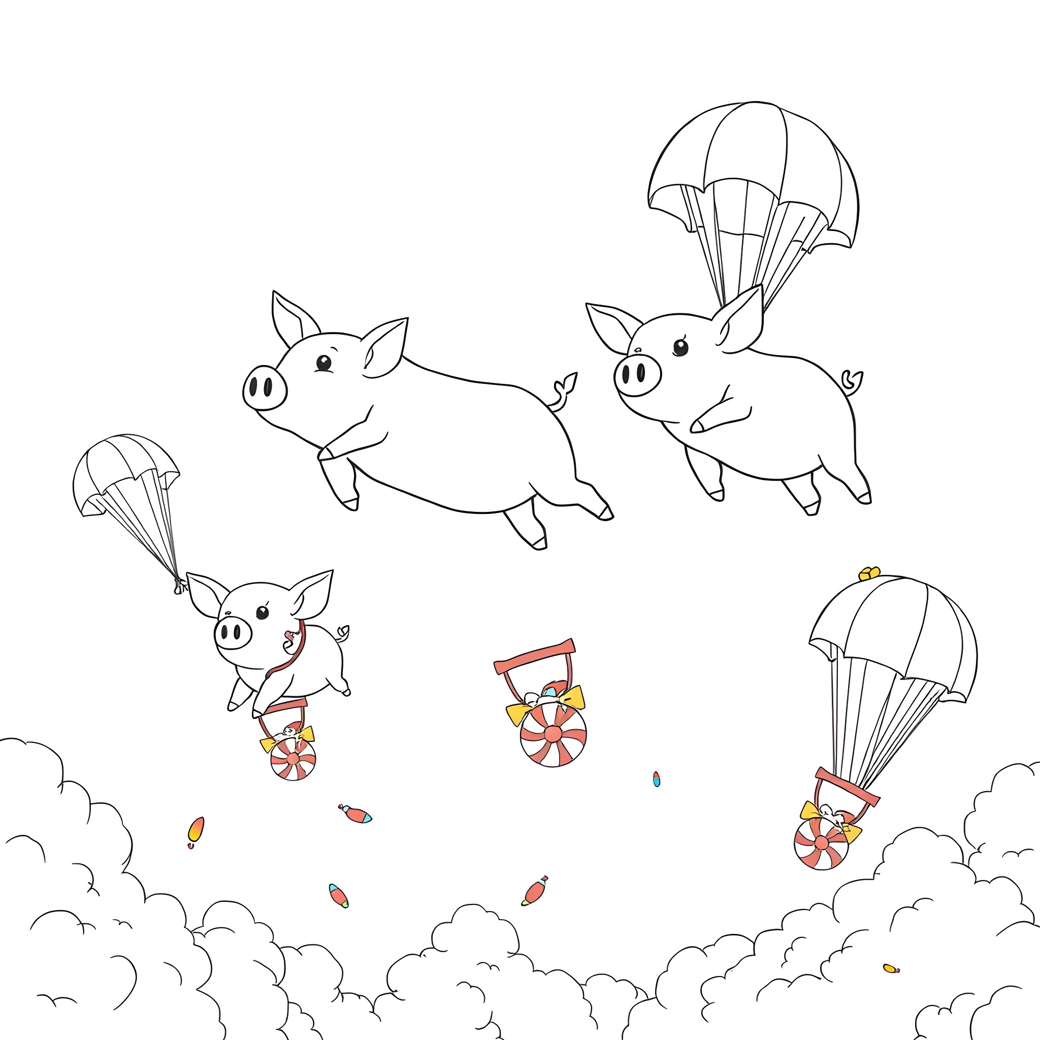 Flying Pigs parachuting with toys in the sky Coloring Page (free black-and-white line drawing printable PDF for all, from beginners to advanced learners, including children, teens, adults, and seniors)