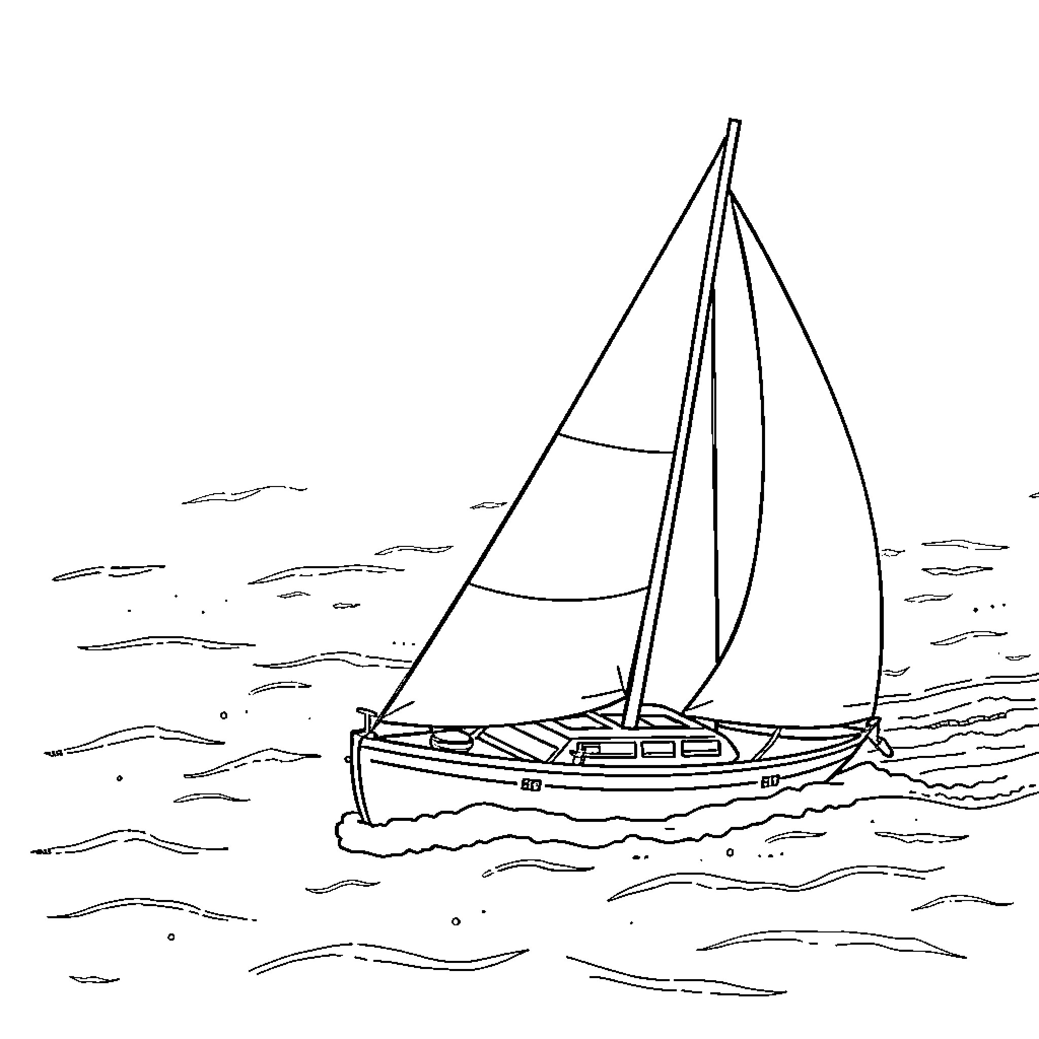 Sailboat sailing across the open waters Coloring Page (free black-and-white line drawing printable PDF for all, from beginners to advanced learners, including children, teens, adults, and seniors)