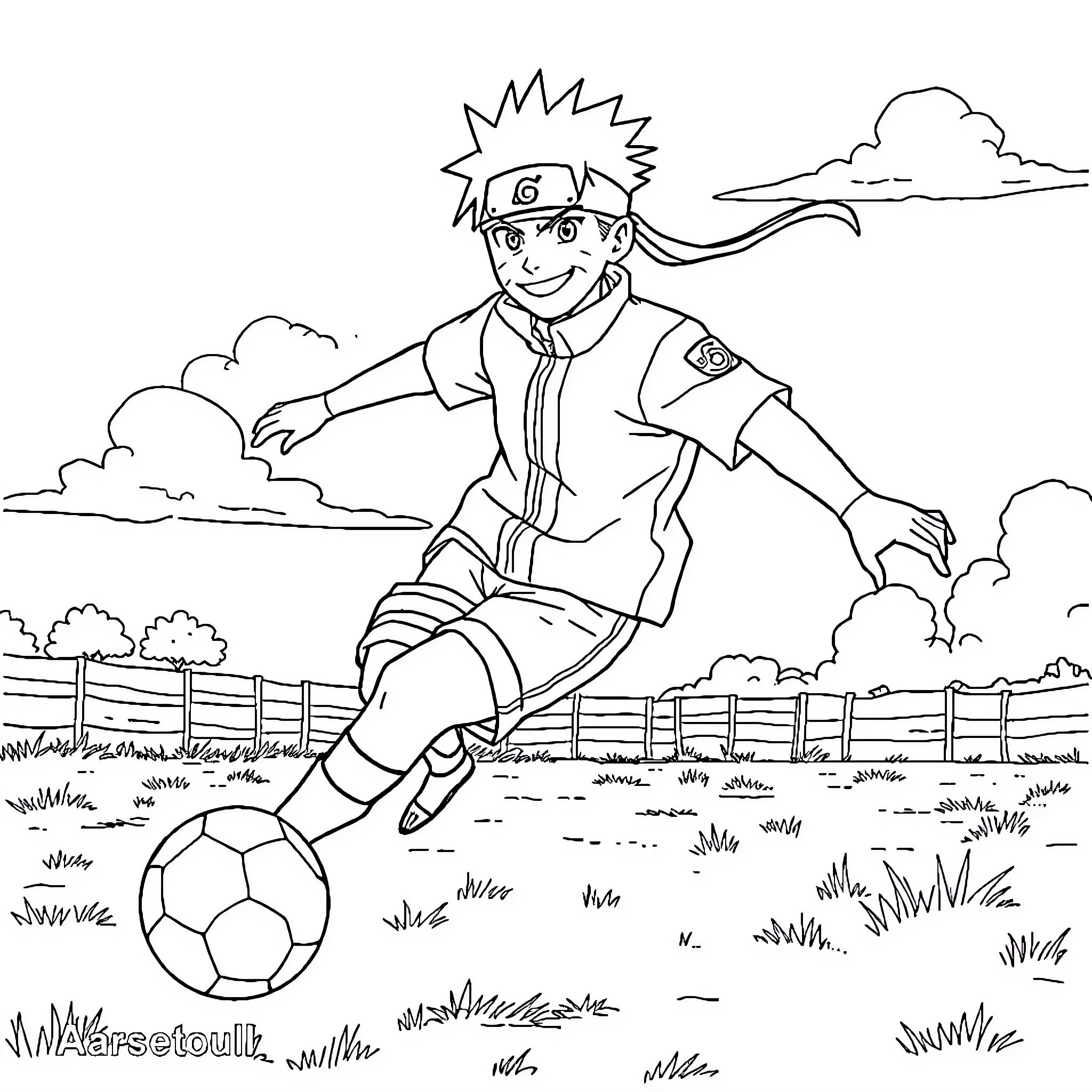 Naruto playing soccer in a field Coloring Page (free black-and-white line drawing printable PDF for all, from beginners to advanced learners, including children, teens, adults, and seniors)