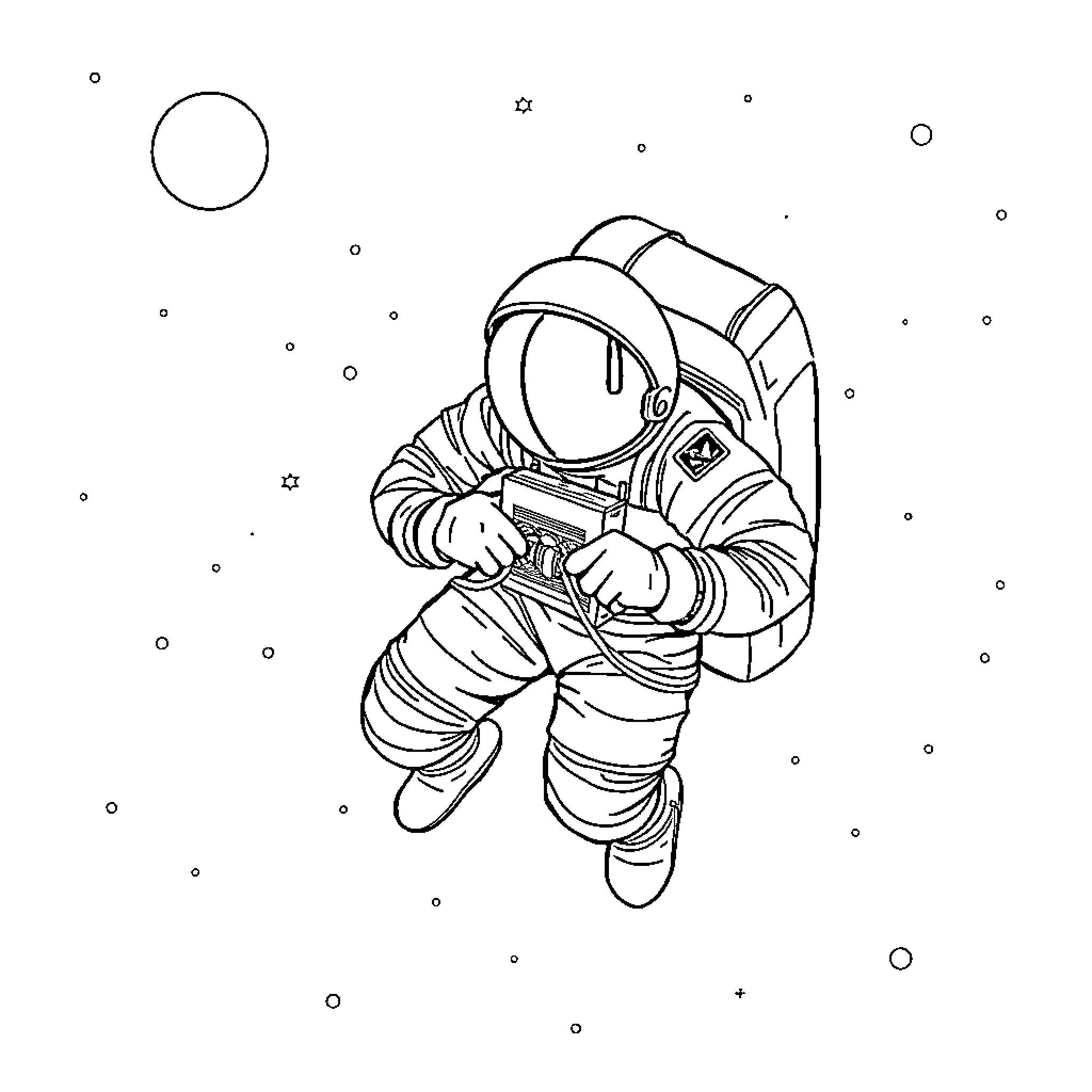 Astronaut exploring the unknown in space Coloring Page (free black-and-white line drawing printable PDF for all, from beginners to advanced learners, including children, teens, adults, and seniors)
