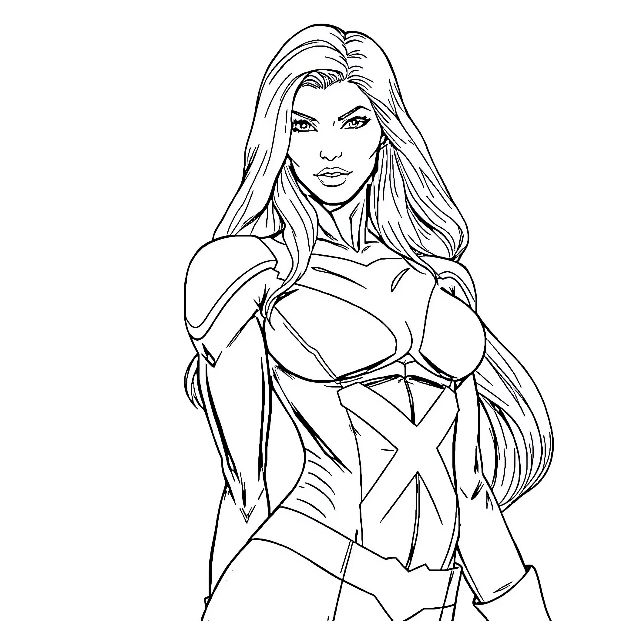 Jean Grey in heroic pose Coloring Page (free black-and-white line drawing printable PDF for all, from beginners to advanced learners, including children, teens, adults, and seniors)
