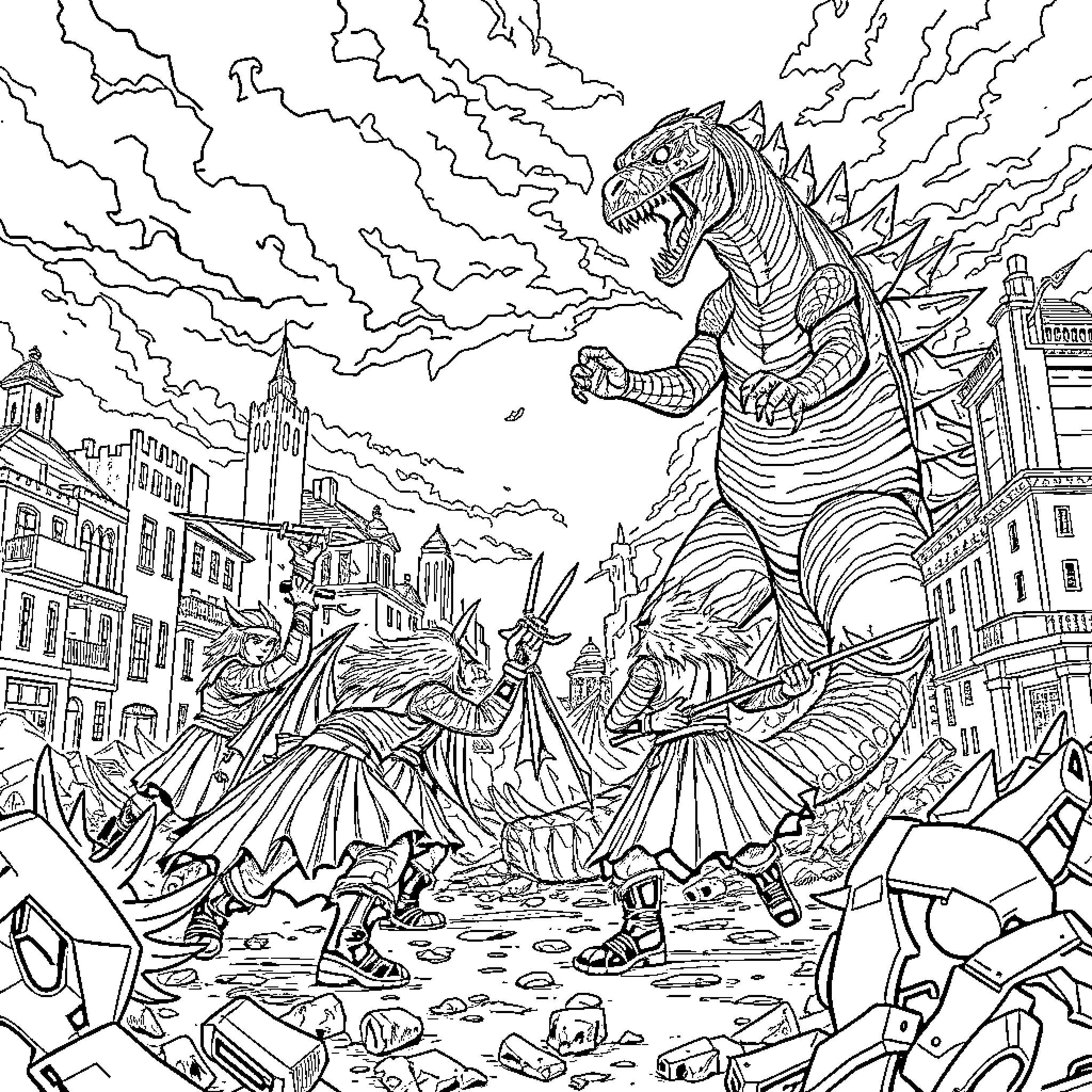 Demon Hunter battles through a devastated city Coloring Page (free black-and-white line drawing printable PDF for all, from beginners to advanced learners, including children, teens, adults, and seniors)