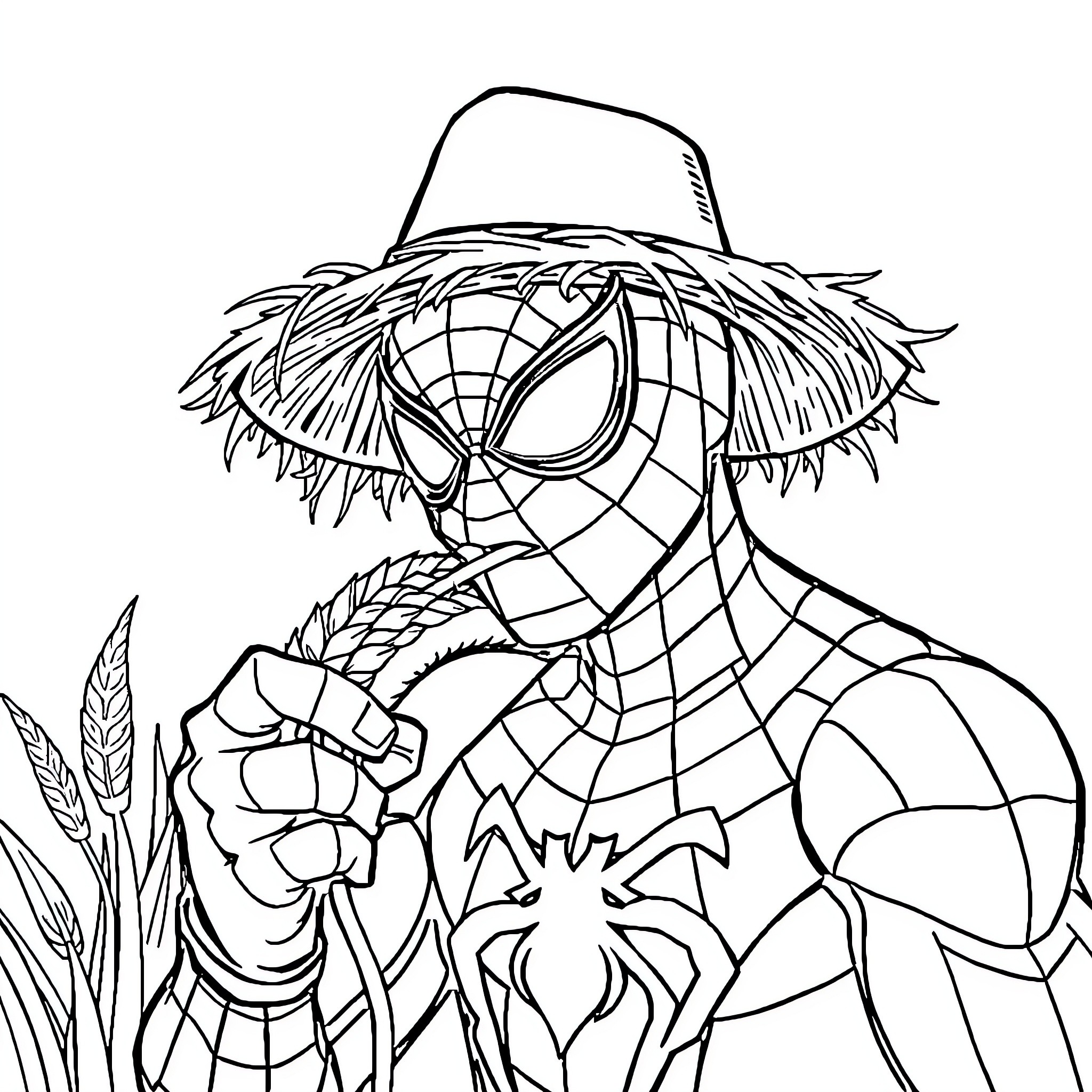 Spiderman in Tropical Attire Amid Nature Coloring Page (free black-and-white line drawing printable PDF for all, from beginners to advanced learners, including children, teens, adults, and seniors)