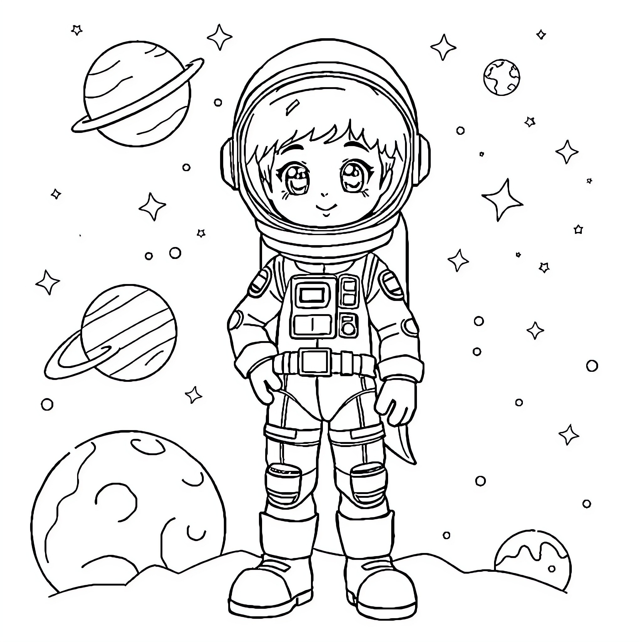 Astronaut exploring the wondrous cosmos Coloring Page (free black-and-white line drawing printable PDF for all, from beginners to advanced learners, including children, teens, adults, and seniors)