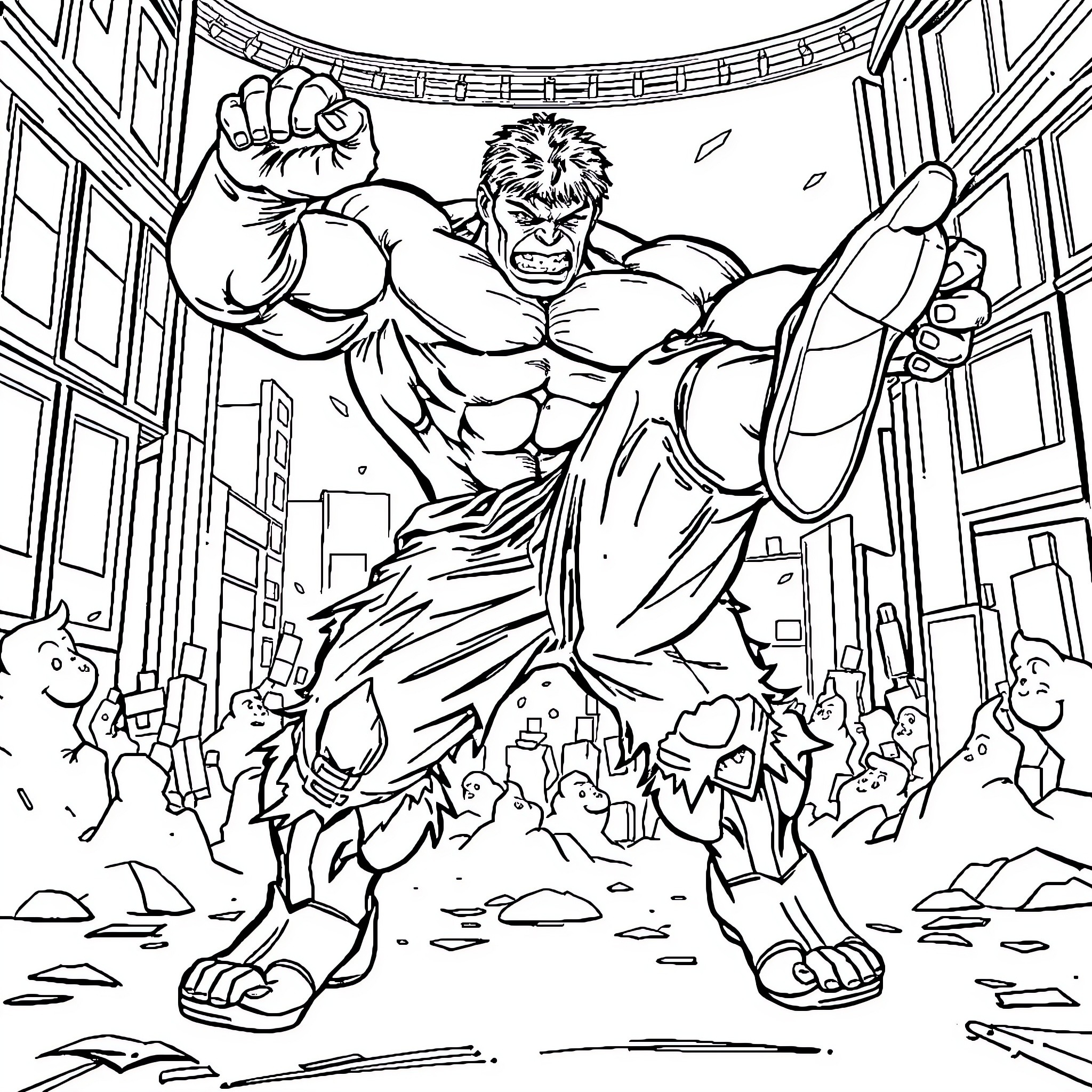 Hulk rampaging through the city with mighty strength Coloring Page (free black-and-white line drawing printable PDF for all, from beginners to advanced learners, including children, teens, adults, and seniors)