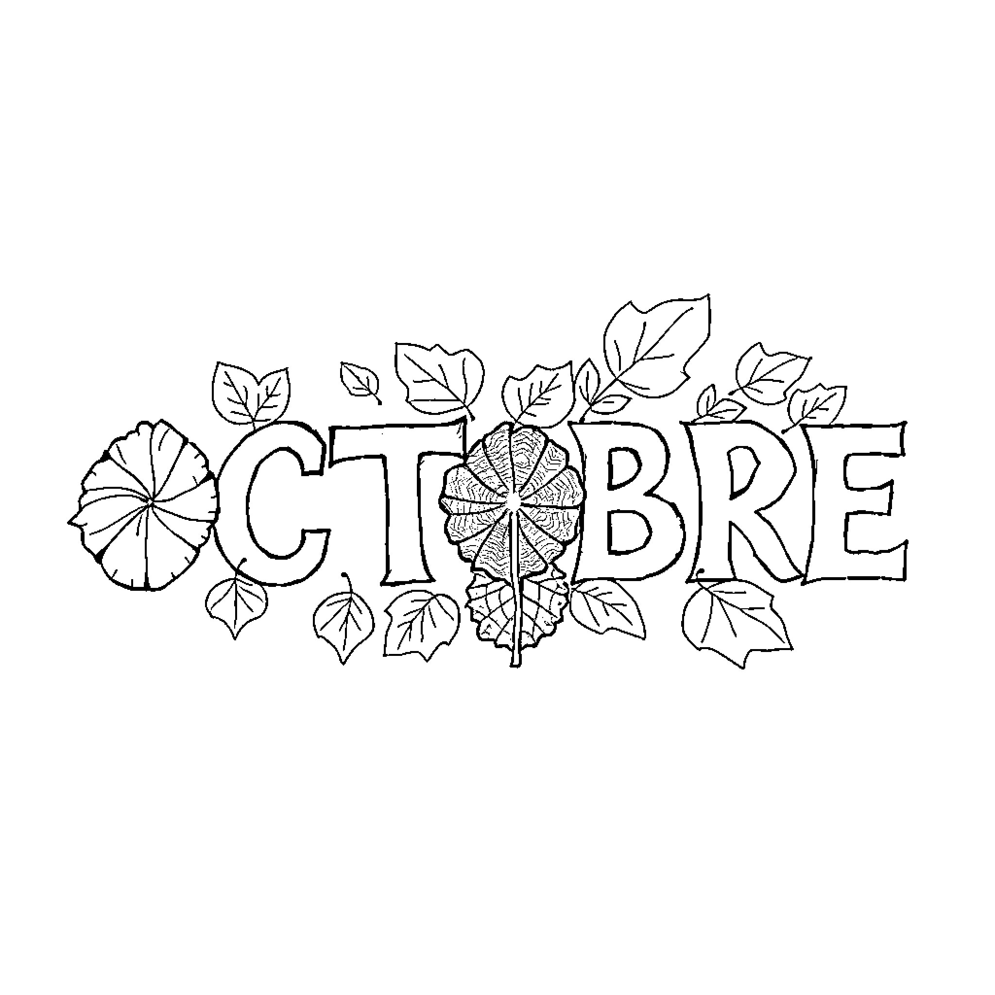 October Artwork with Floral Elements Coloring Page (free black-and-white line drawing printable PDF for all, from beginners to advanced learners, including children, teens, adults, and seniors)