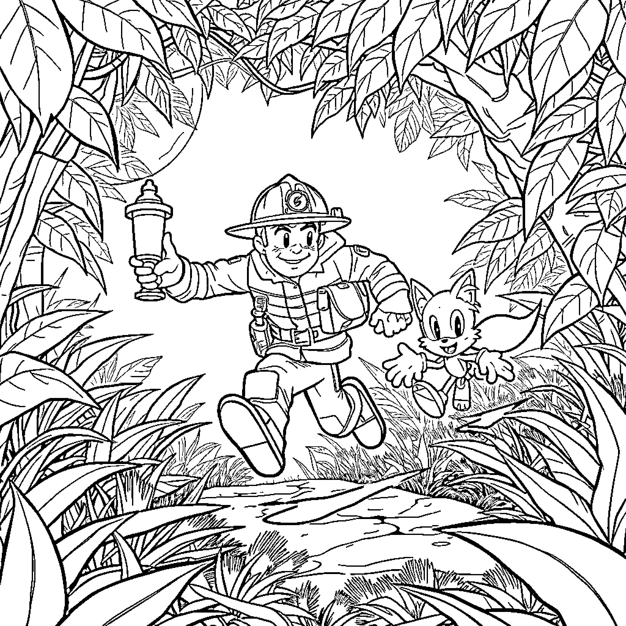 Firefighter Exploring Jungle with Friendly Animal Coloring Page (free black-and-white line drawing printable PDF for all, from beginners to advanced learners, including children, teens, adults, and seniors)