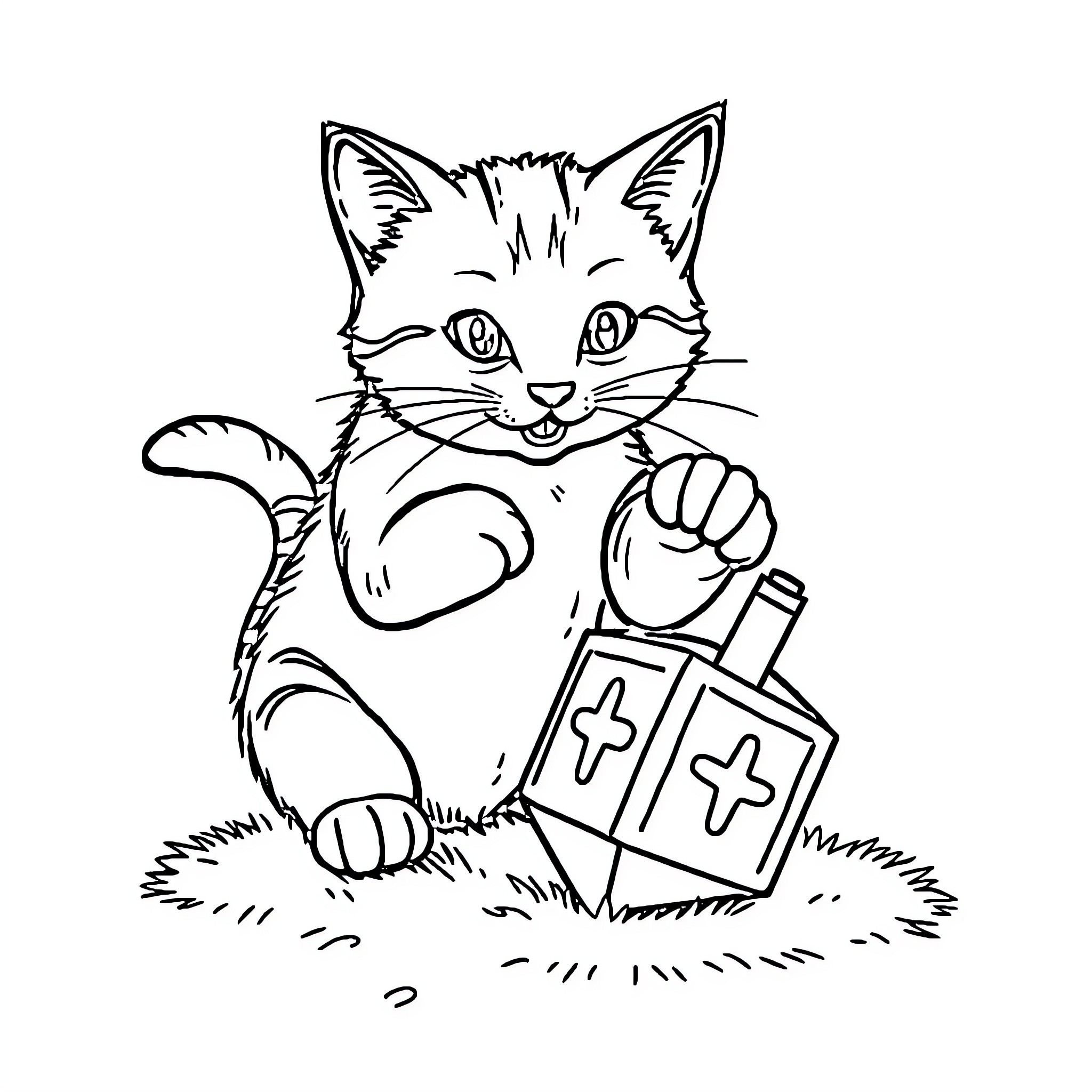 Cat playing with a medical kit Coloring Page (free black-and-white line drawing printable PDF for all, from beginners to advanced learners, including children, teens, adults, and seniors)