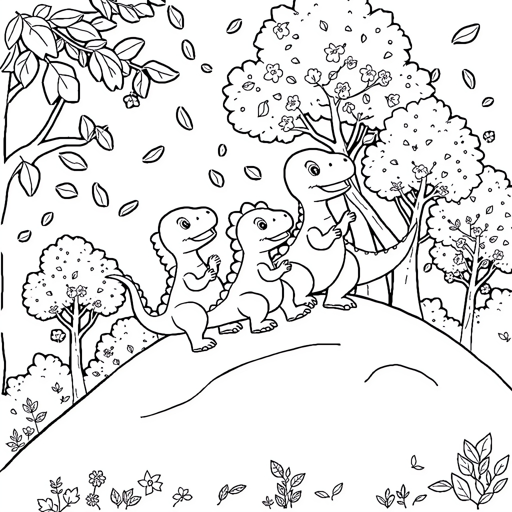 Dinosaurs playing joyfully in the forest Coloring Page (free black-and-white line drawing printable PDF for all, from beginners to advanced learners, including children, teens, adults, and seniors)