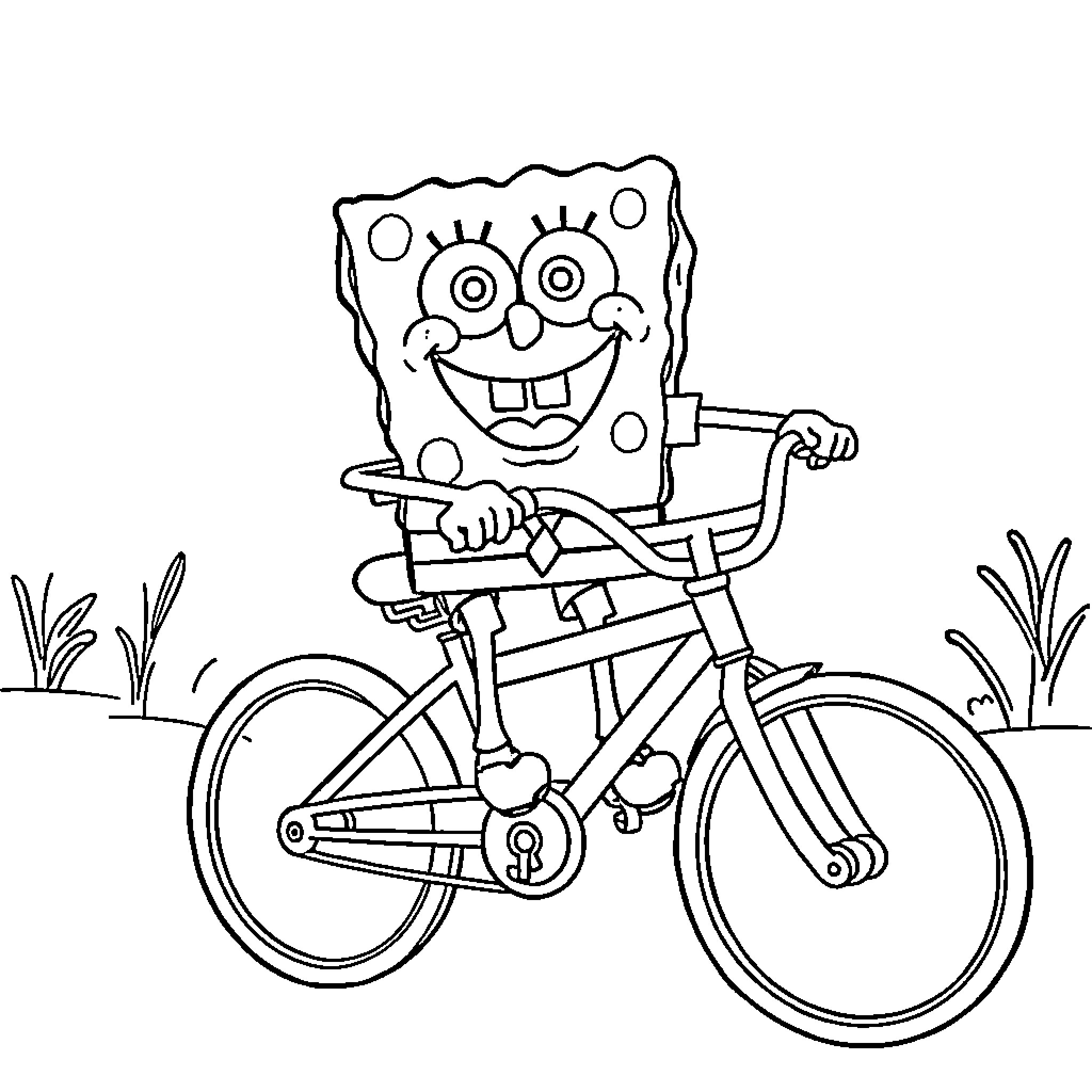 Spongebob riding a bicycle happily Coloring Page (free black-and-white line drawing printable PDF for all, from beginners to advanced learners, including children, teens, adults, and seniors)