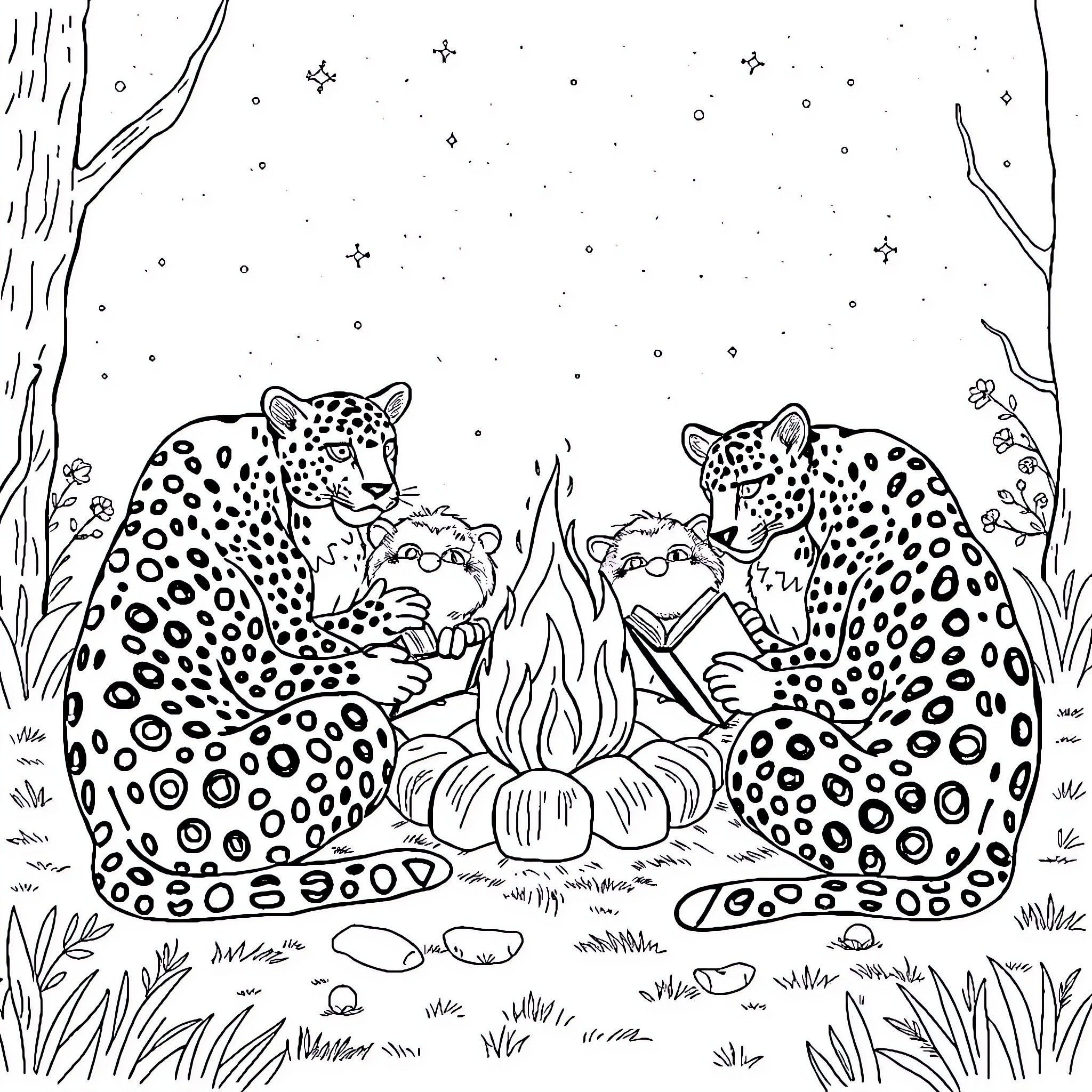Leopard family by the campfire under the starry night Coloring Page (free black-and-white line drawing printable PDF for all, from beginners to advanced learners, including children, teens, adults, and seniors)