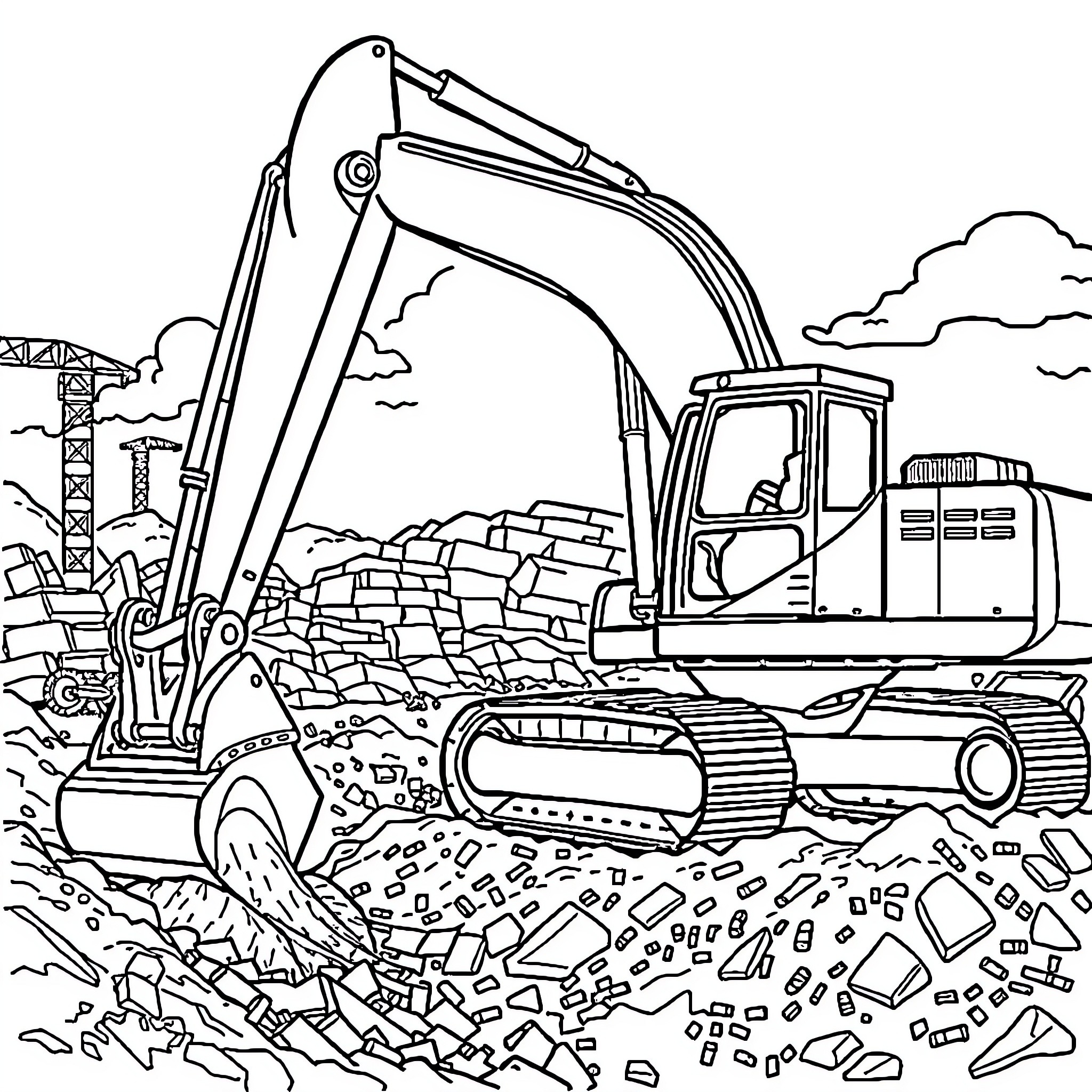 Excavator demolishing building at construction site Coloring Page (free black-and-white line drawing printable PDF for all, from beginners to advanced learners, including children, teens, adults, and seniors)
