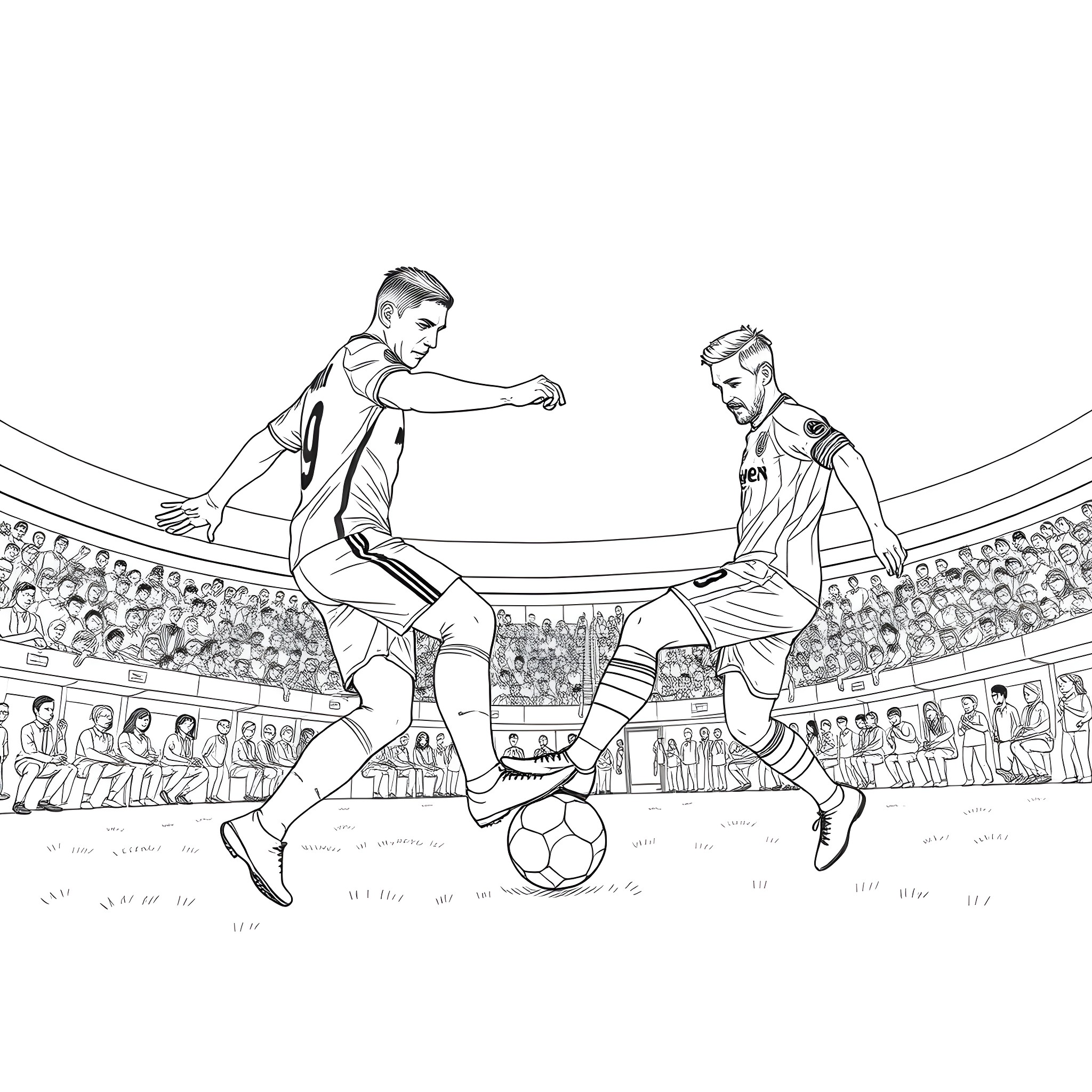 Football players competing on the field Coloring Page (free black-and-white line drawing printable PDF for all, from beginners to advanced learners, including children, teens, adults, and seniors)