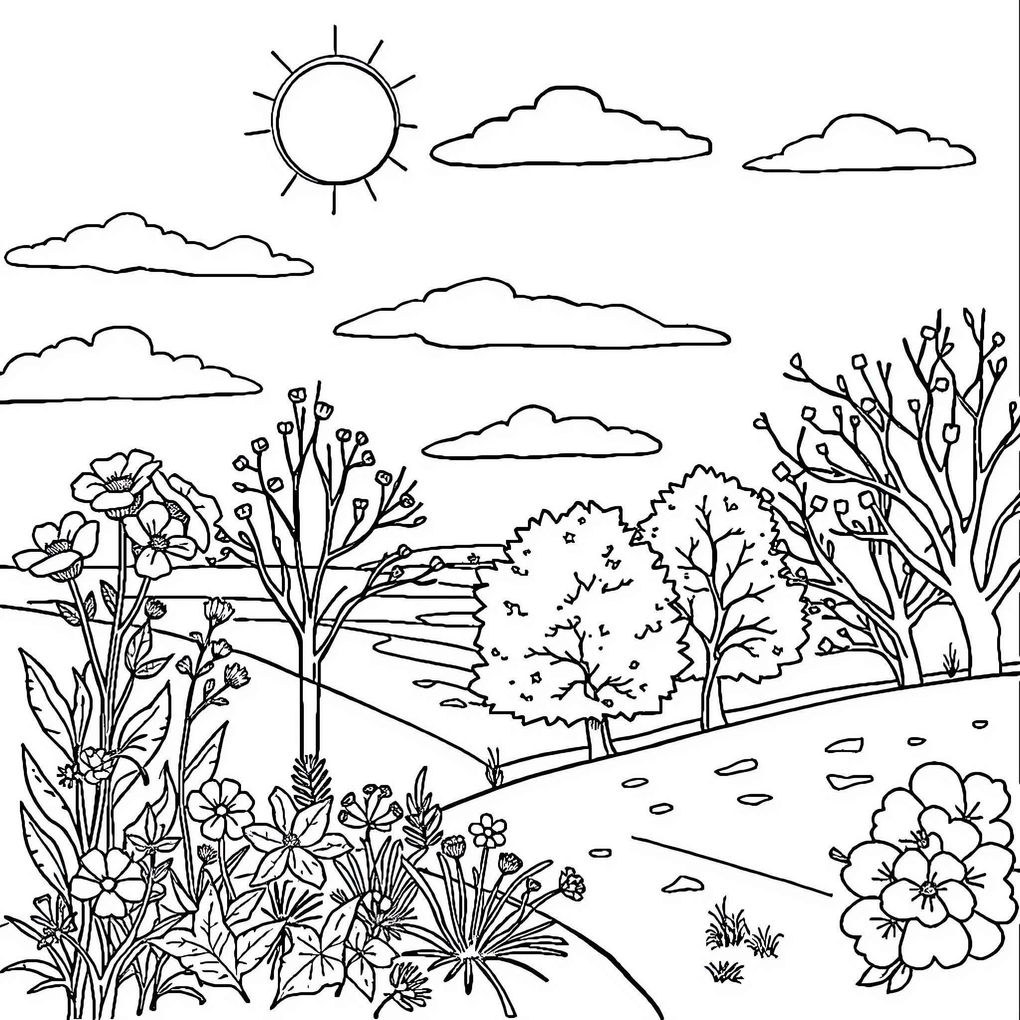 Season of Blooming Nature's Beauty Coloring Page (free black-and-white line drawing printable PDF for all, from beginners to advanced learners, including children, teens, adults, and seniors)