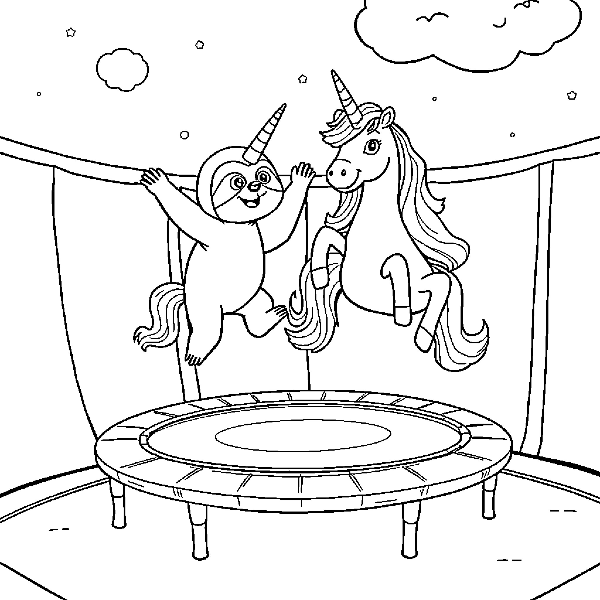 Sloth and Unicorn Bouncing on a Trampoline Coloring Page (free black-and-white line drawing printable PDF for all, from beginners to advanced learners, including children, teens, adults, and seniors)