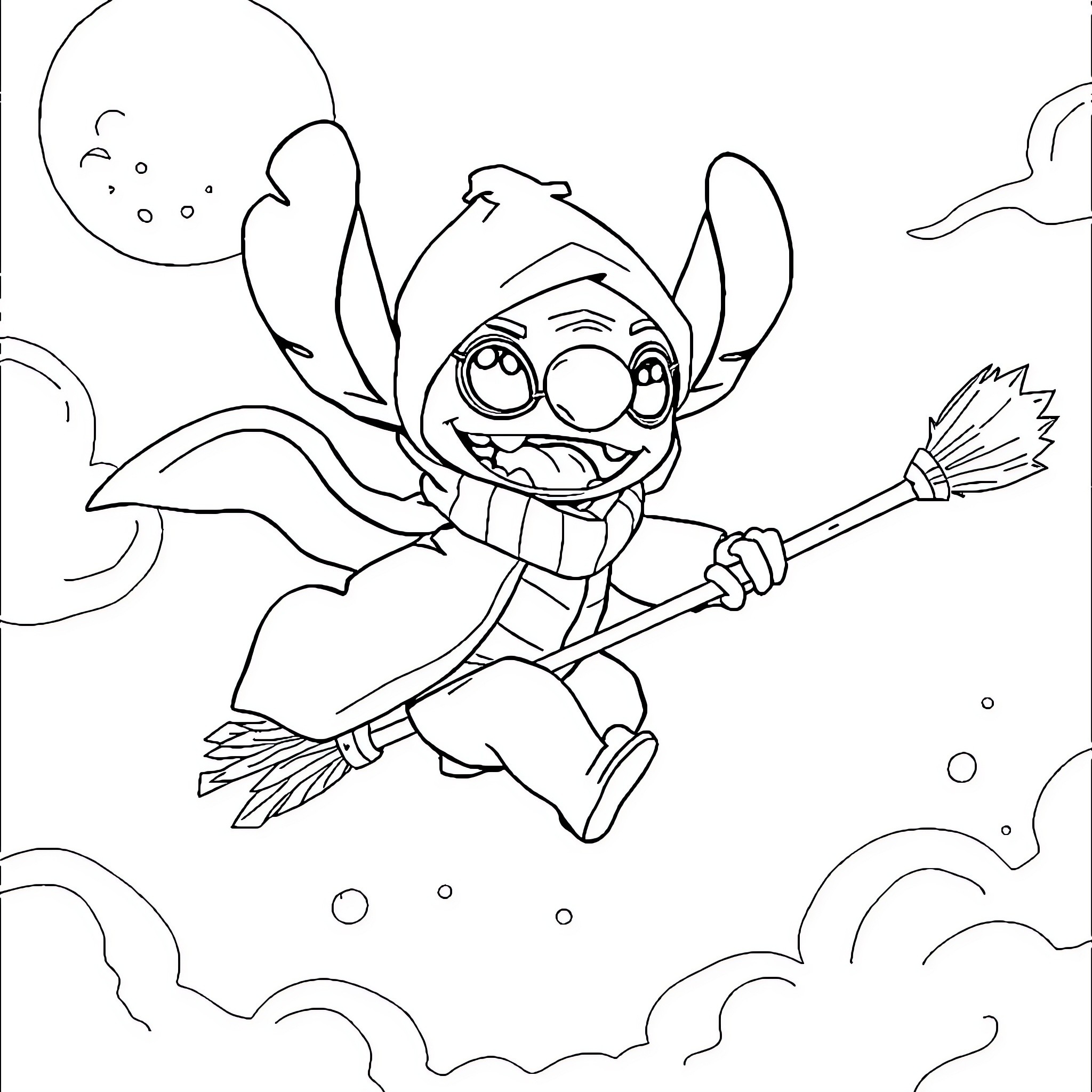 Stitch flying playfully with a broom Coloring Page (free black-and-white line drawing printable PDF for all, from beginners to advanced learners, including children, teens, adults, and seniors)