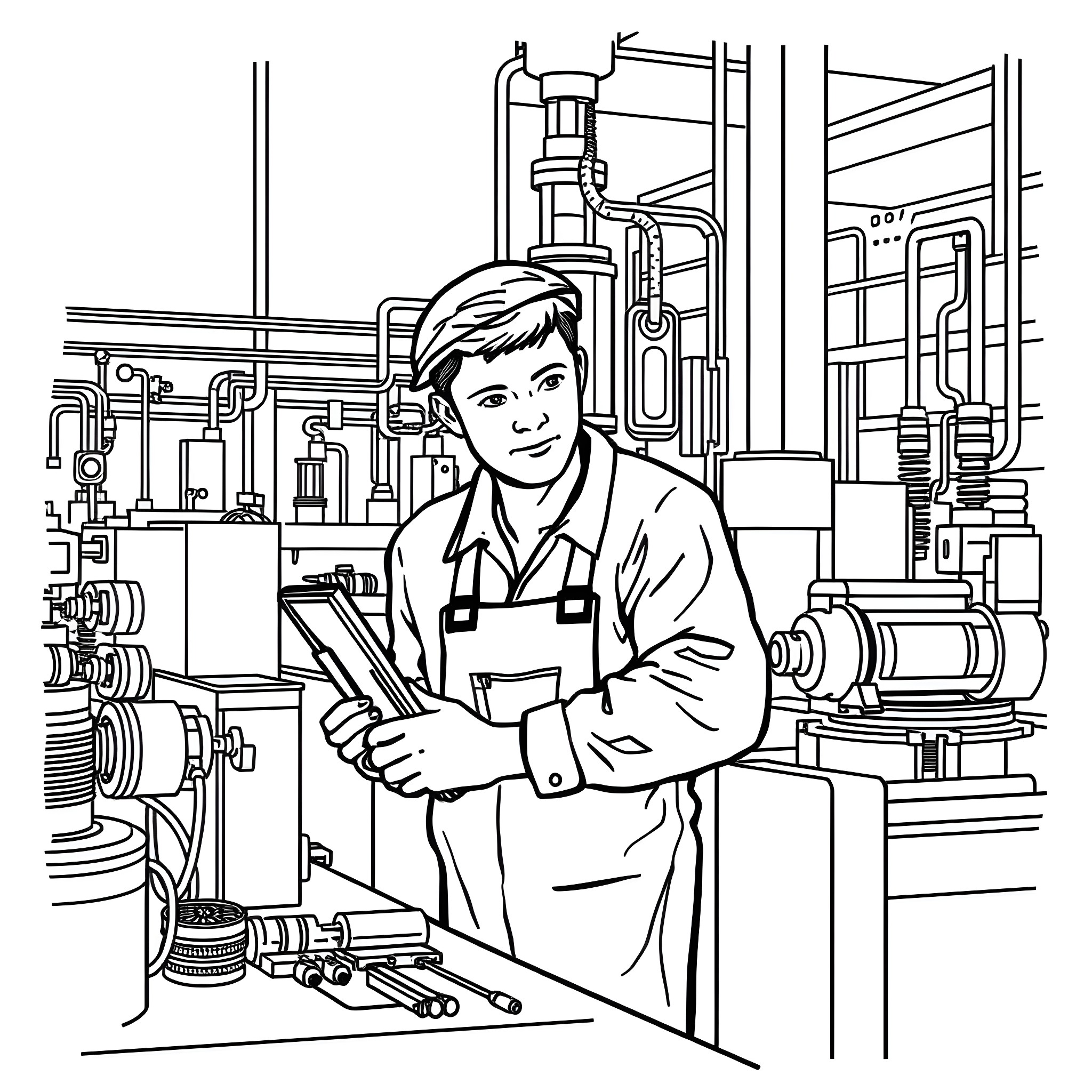 Operator working diligently in industrial machinery Coloring Page (free black-and-white line drawing printable PDF for all, from beginners to advanced learners, including children, teens, adults, and seniors)